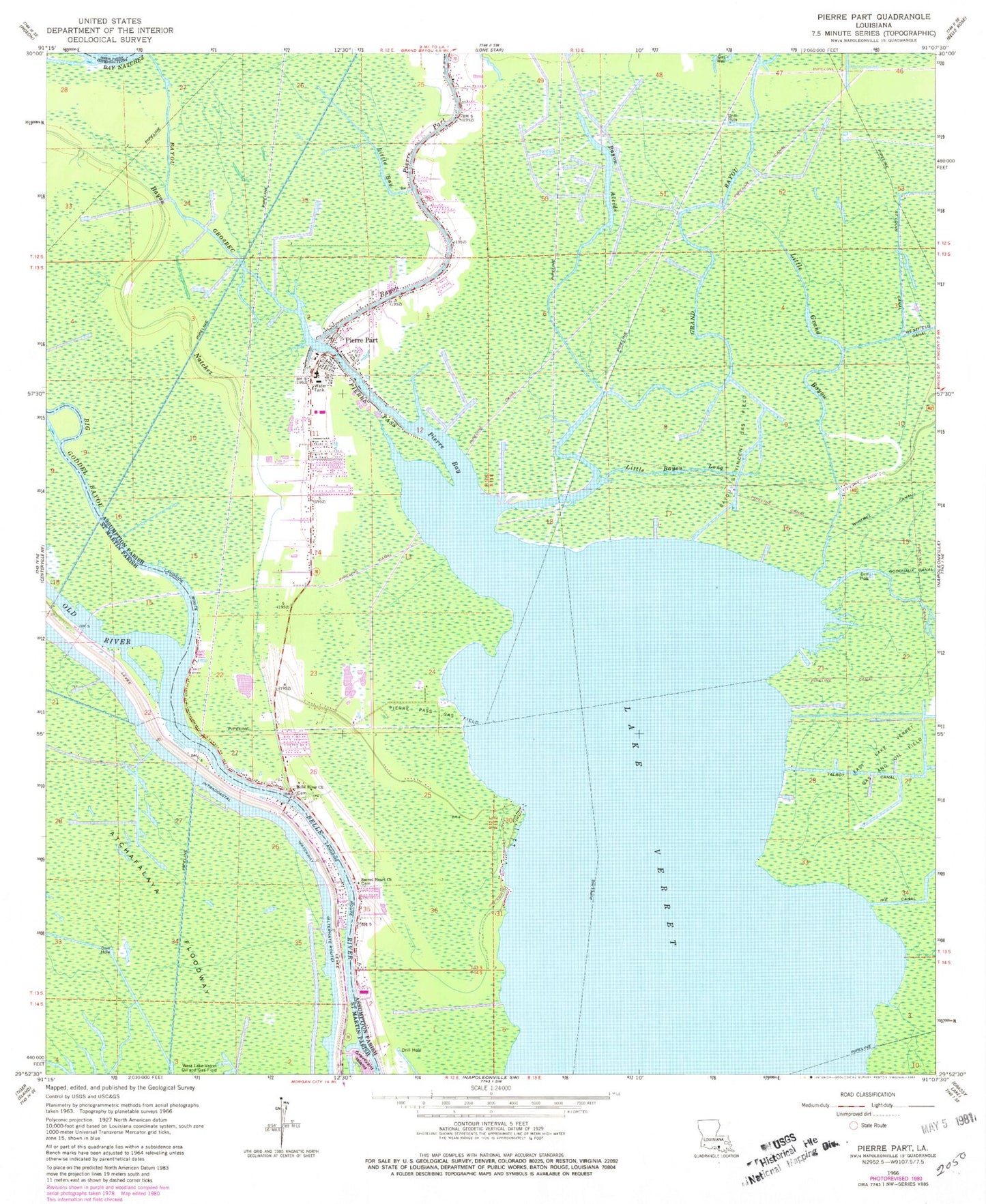 Classic USGS Pierre Part Louisiana 7.5'x7.5' Topo Map Image