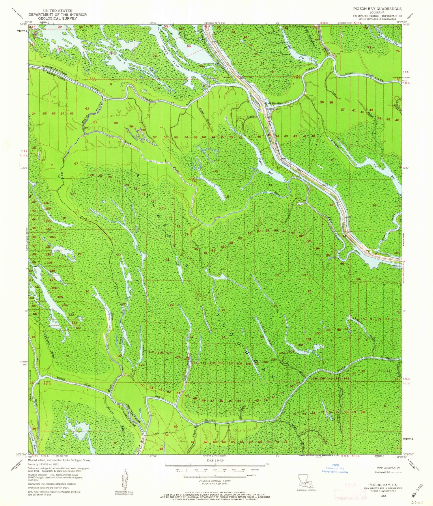 Classic USGS Grand River Louisiana 7.5'x7.5' Topo Map Image