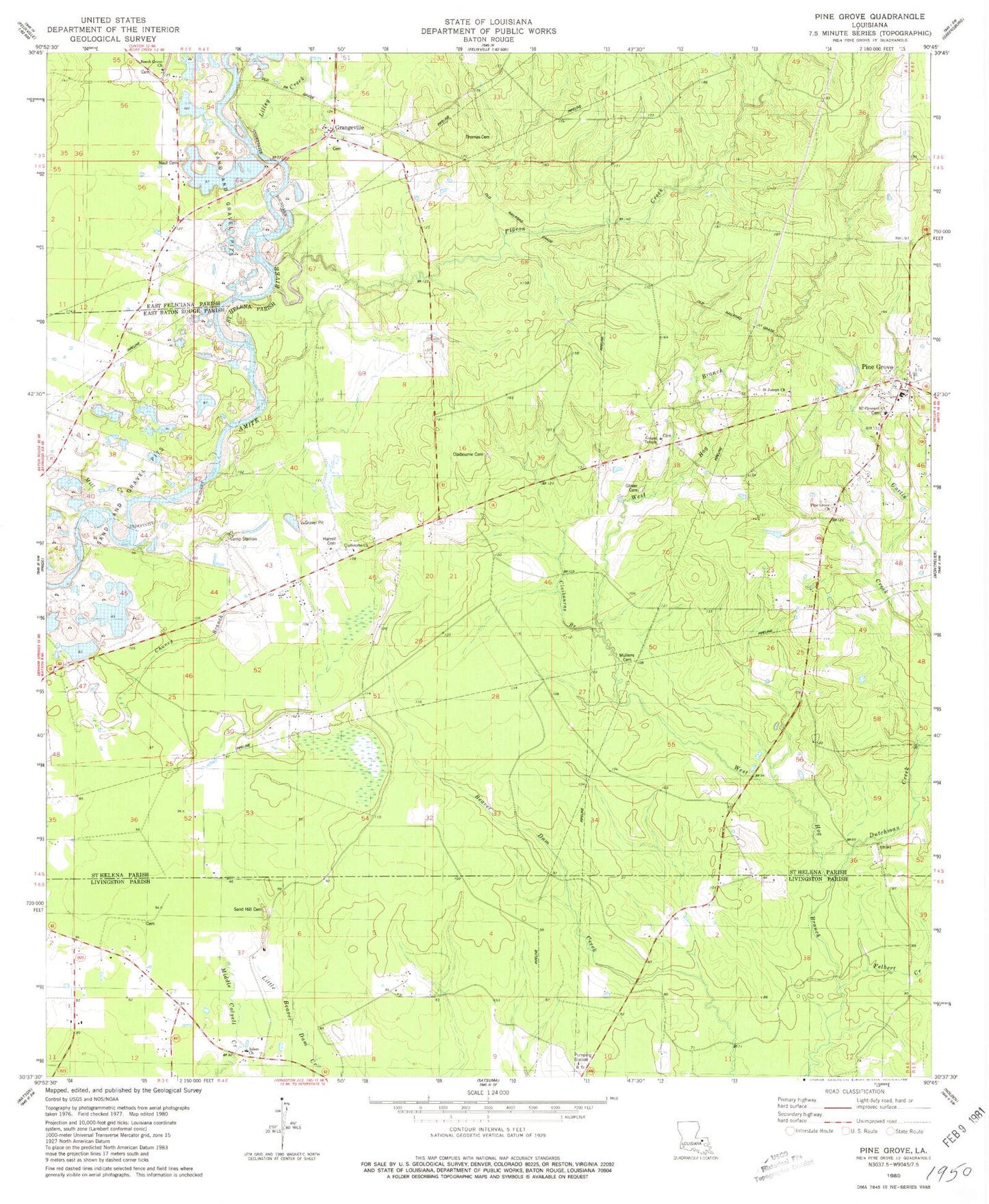 Classic USGS Pine Grove Louisiana 7.5'x7.5' Topo Map Image