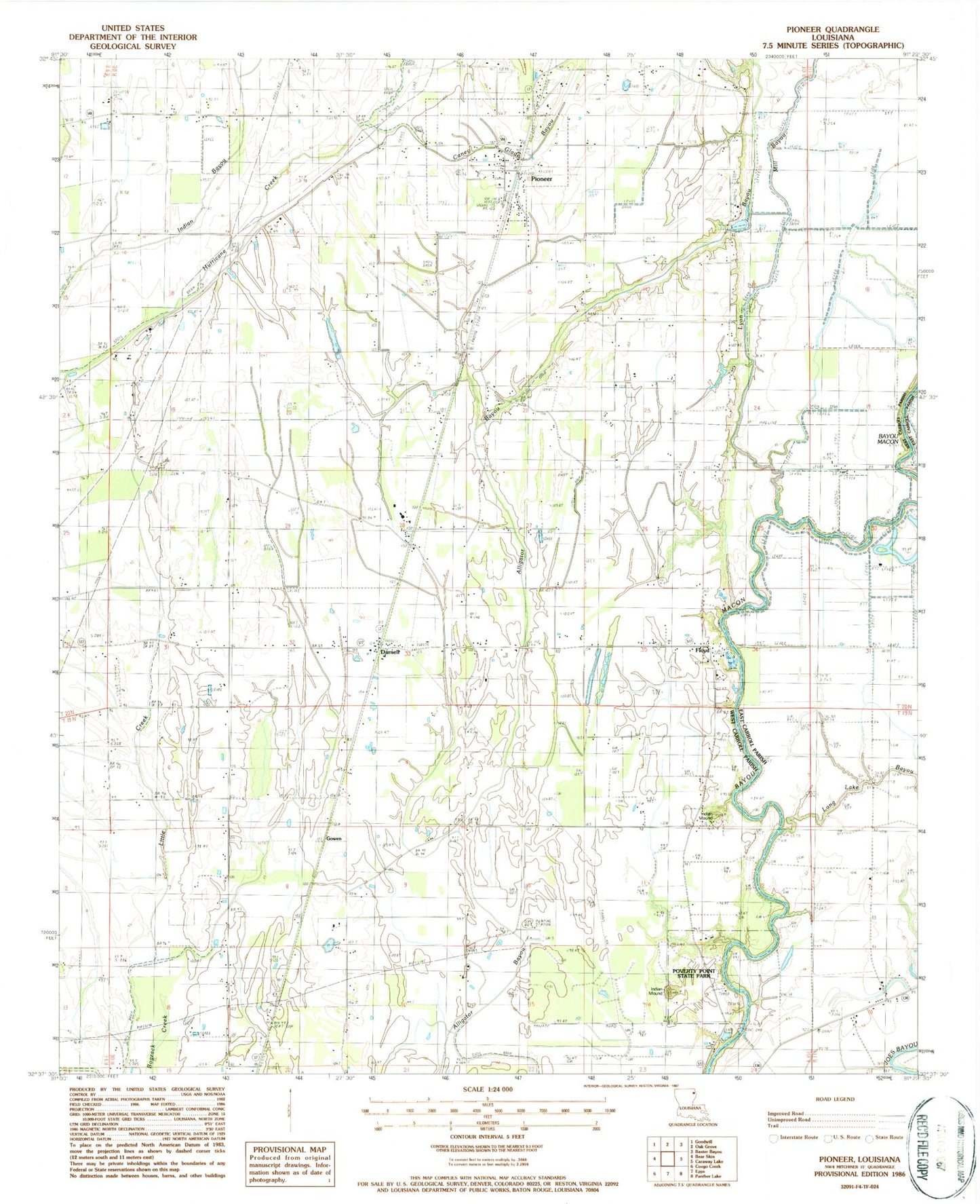 Classic USGS Pioneer Louisiana 7.5'x7.5' Topo Map Image