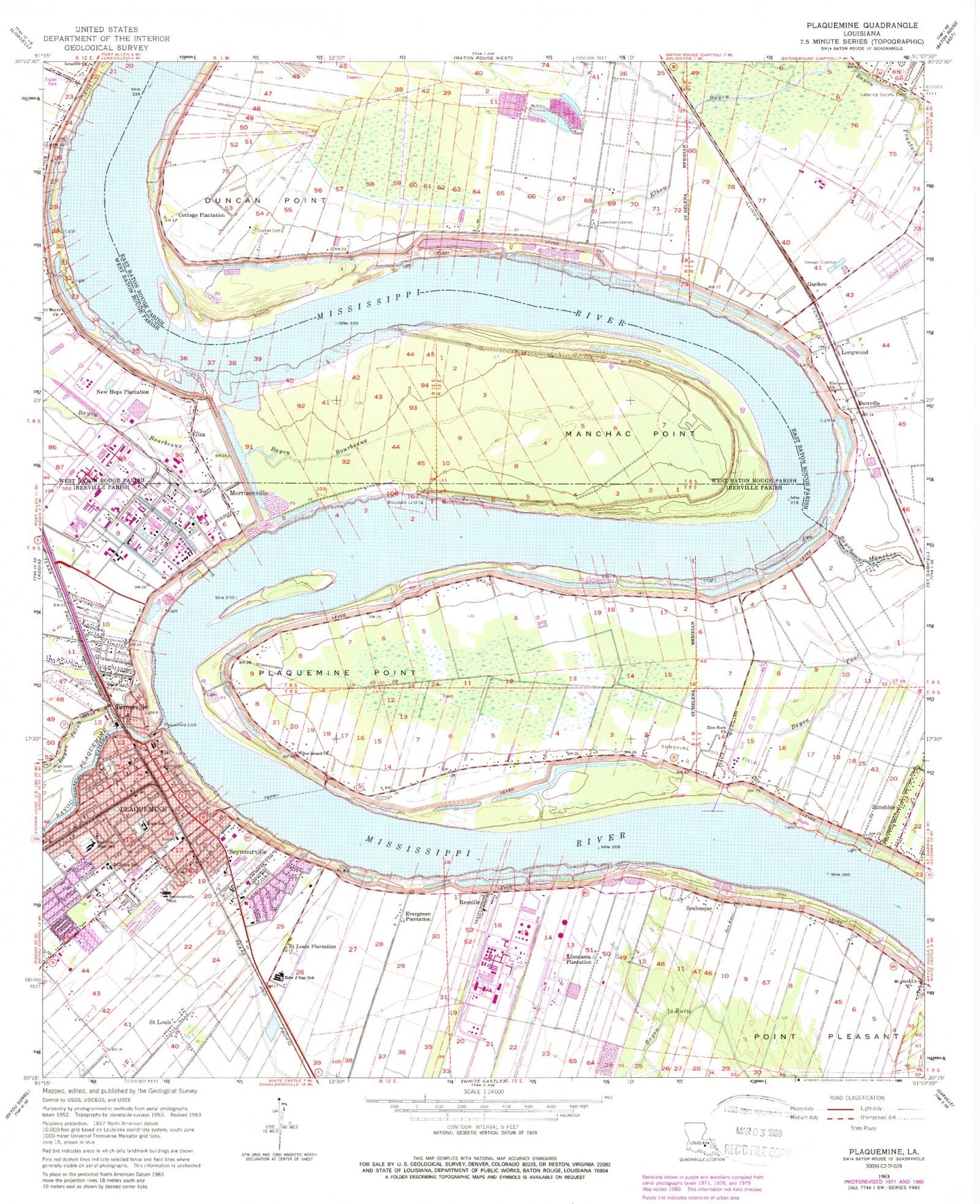 Classic USGS Plaquemine Louisiana 7.5'x7.5' Topo Map Image