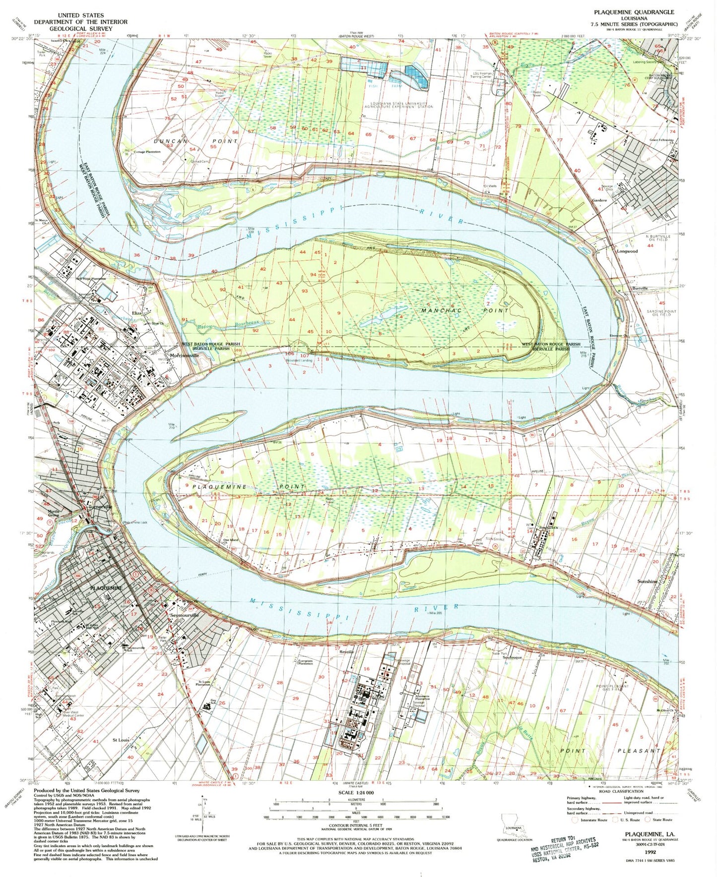 Classic USGS Plaquemine Louisiana 7.5'x7.5' Topo Map Image