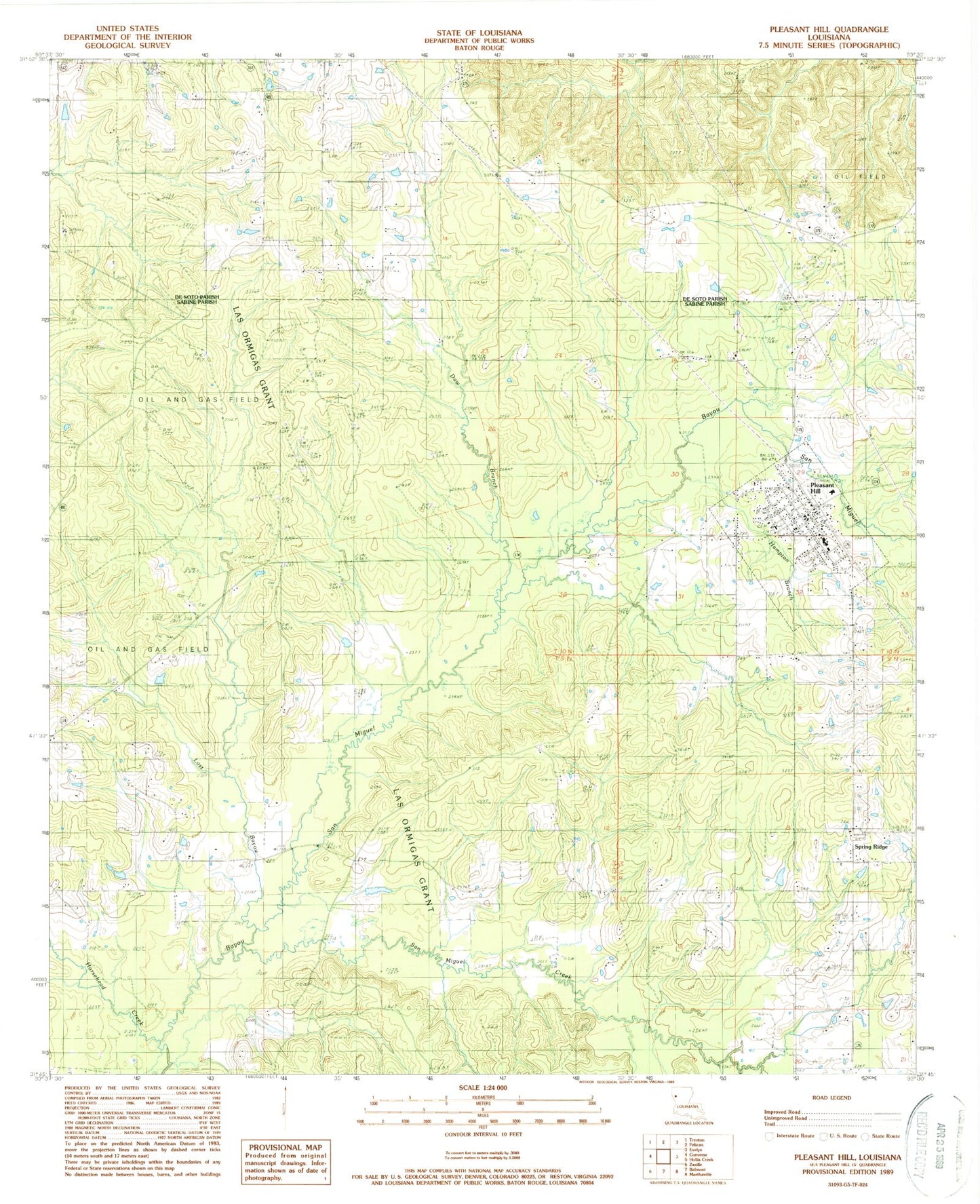 Classic USGS Pleasant Hill Louisiana 7.5'x7.5' Topo Map Image