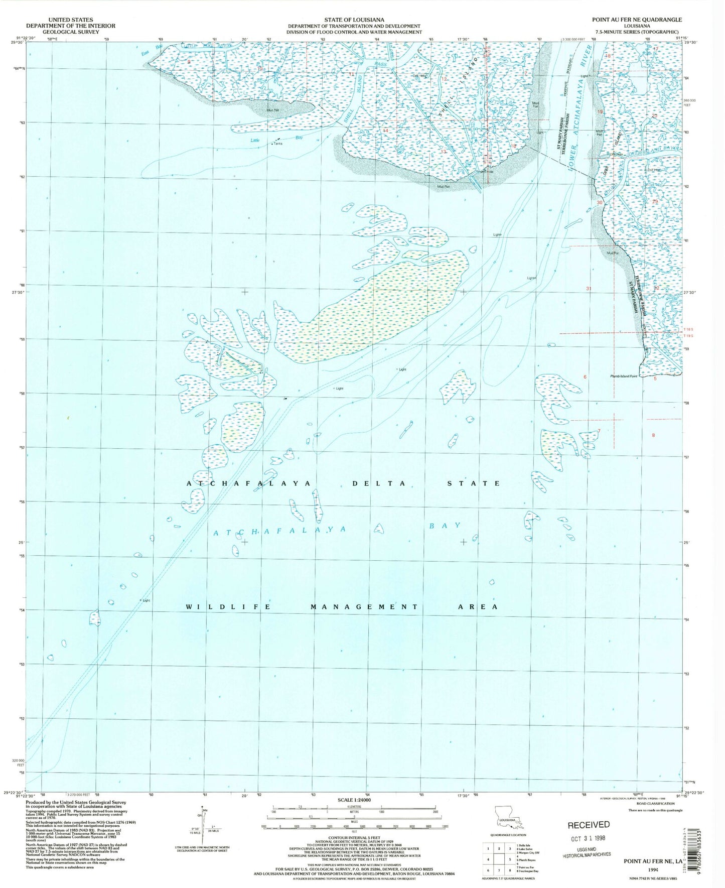 Classic USGS Point au Fer NE Louisiana 7.5'x7.5' Topo Map Image