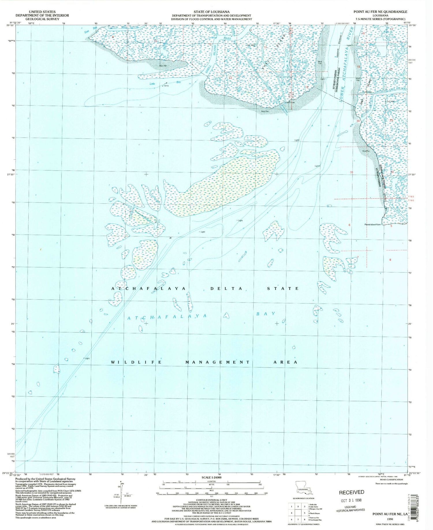 Classic USGS Point au Fer NE Louisiana 7.5'x7.5' Topo Map Image