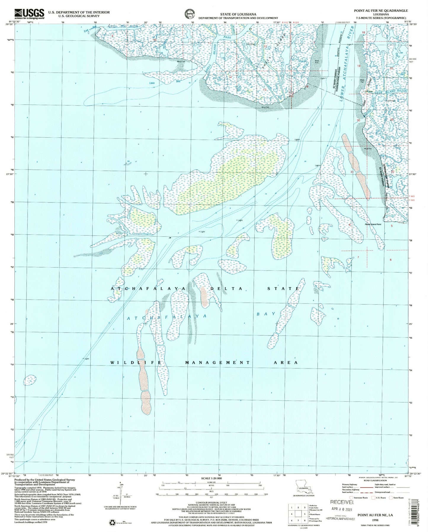 Classic USGS Point au Fer NE Louisiana 7.5'x7.5' Topo Map Image