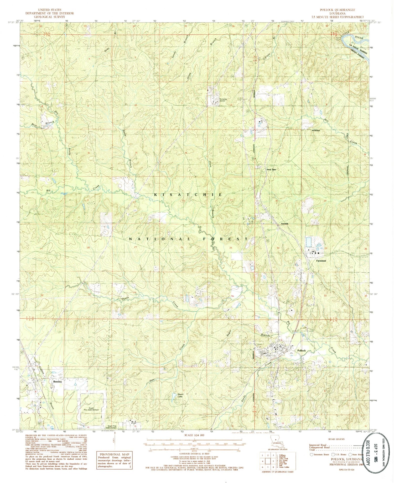 Classic USGS Pollock Louisiana 7.5'x7.5' Topo Map Image