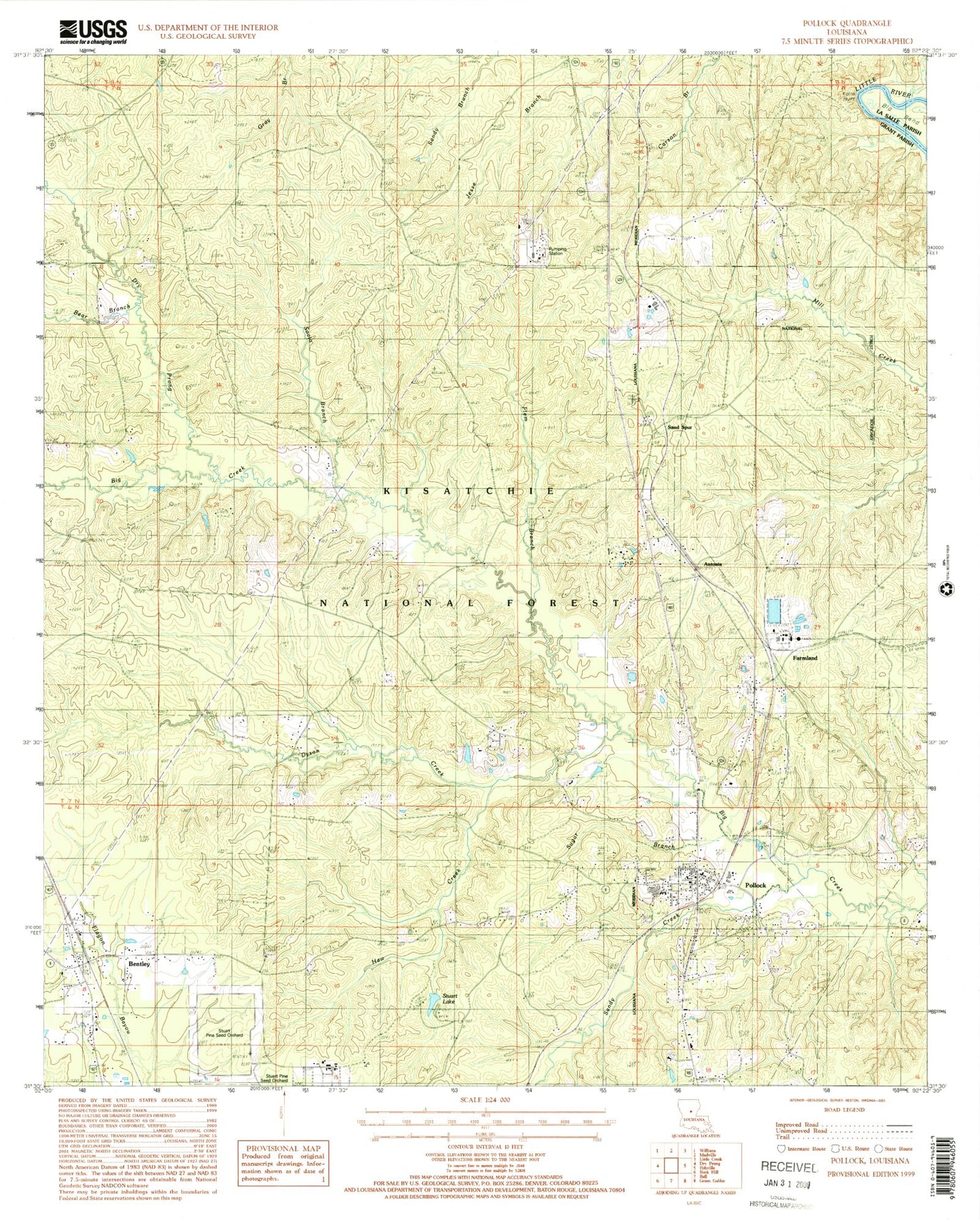 Classic USGS Pollock Louisiana 7.5'x7.5' Topo Map Image
