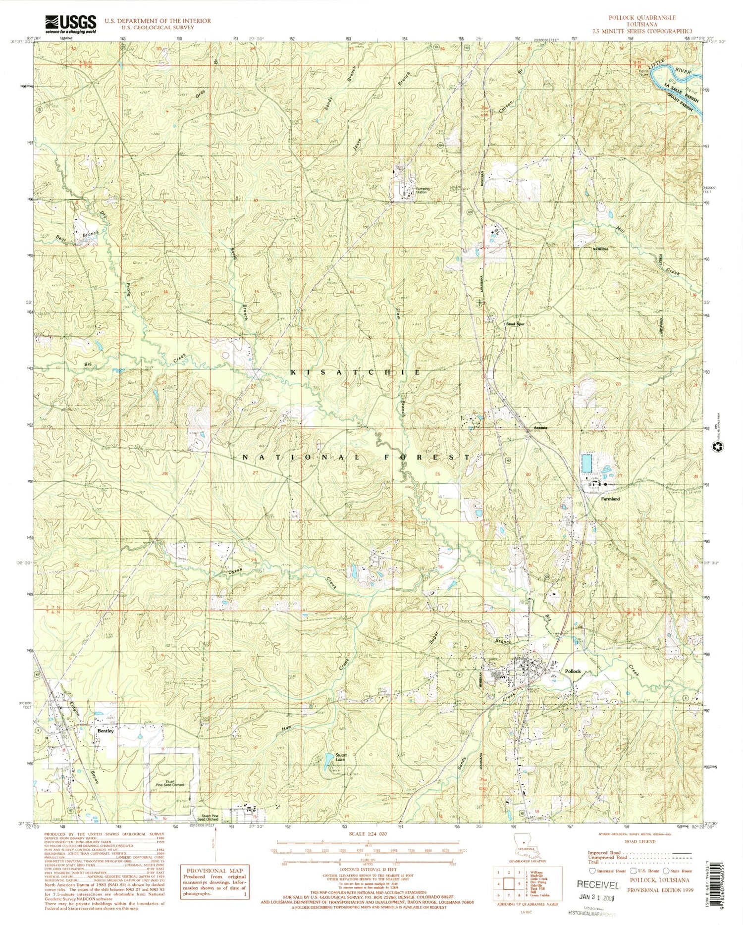 Classic USGS Pollock Louisiana 7.5'x7.5' Topo Map Image