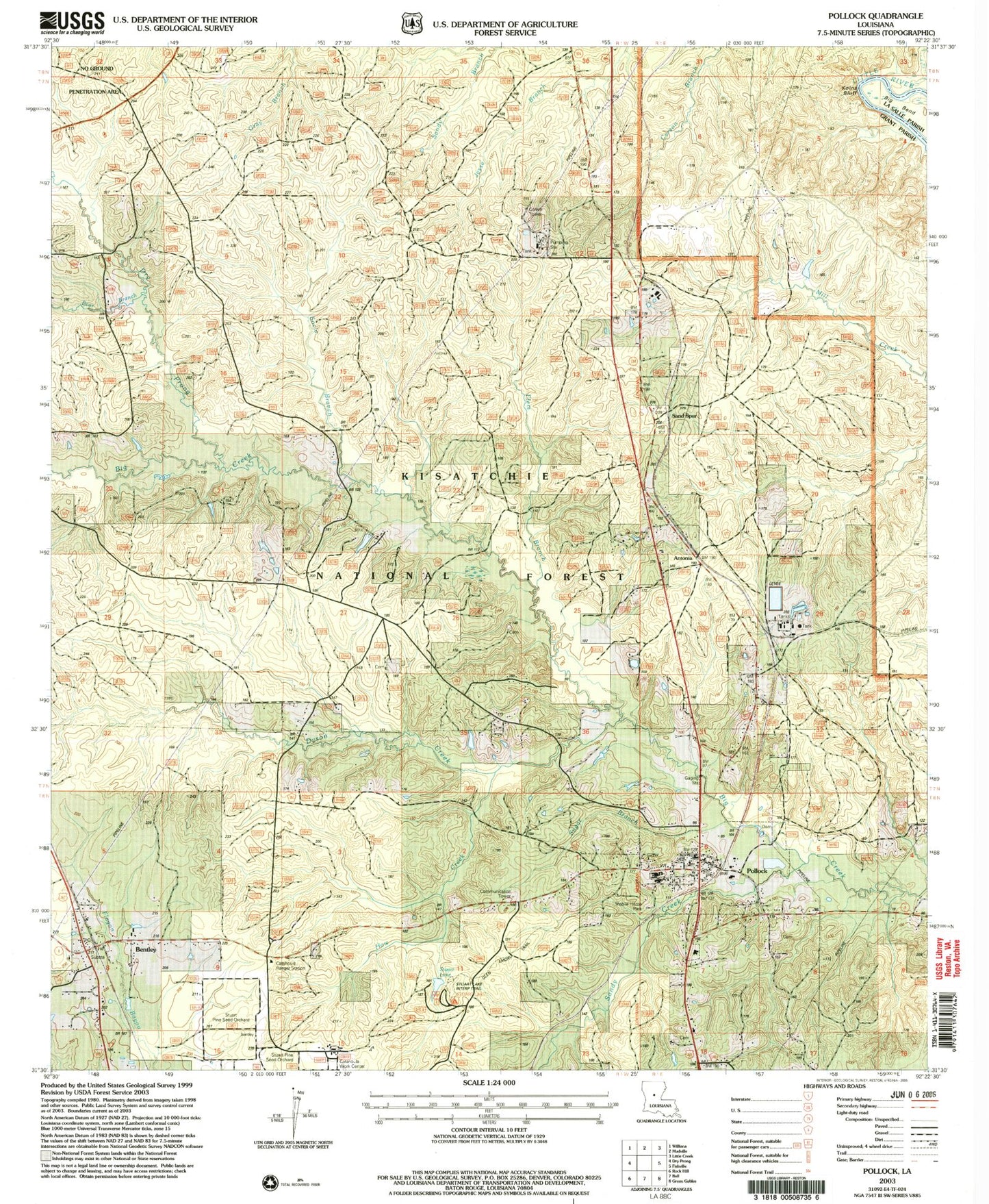 Classic USGS Pollock Louisiana 7.5'x7.5' Topo Map Image