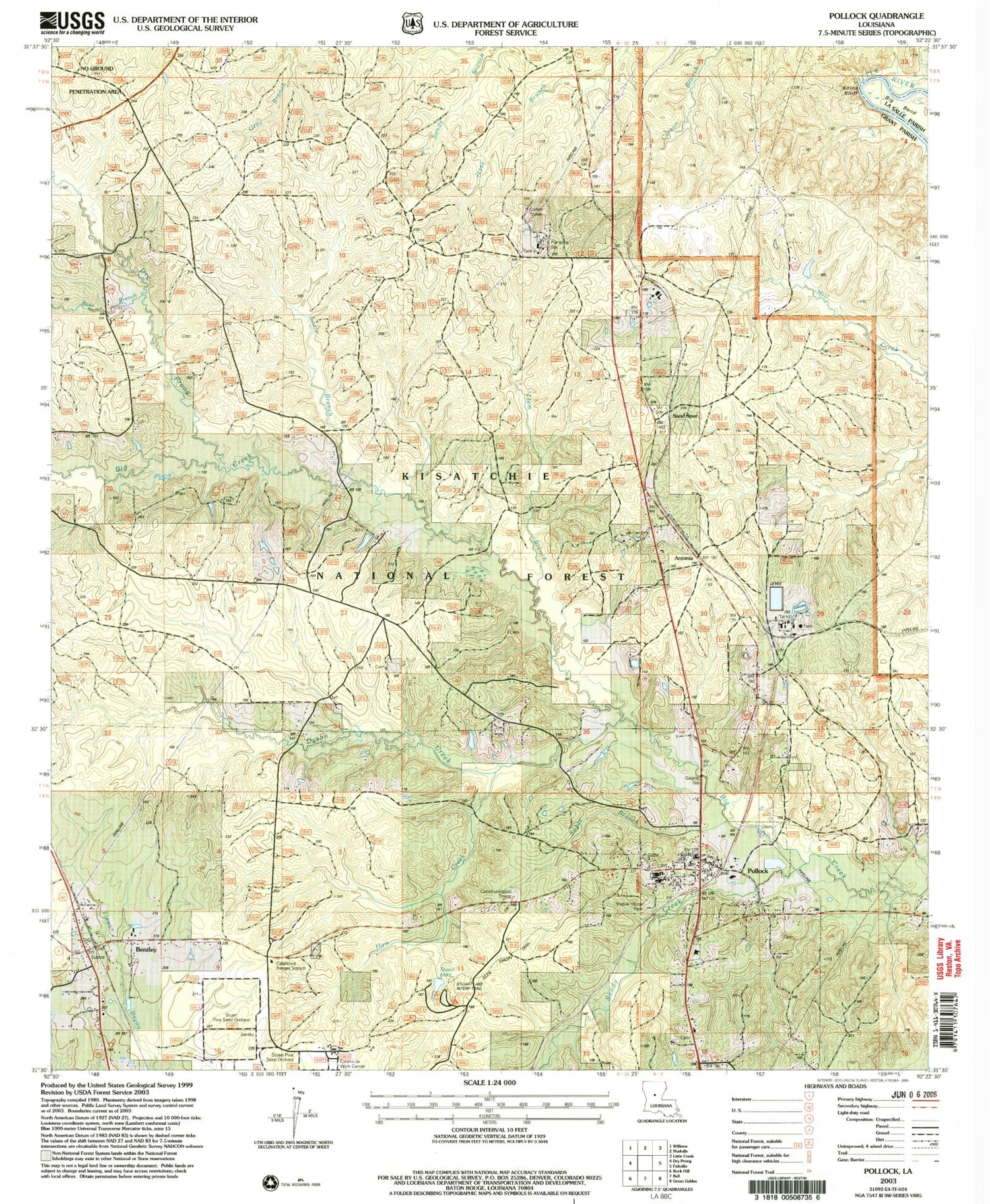 Classic USGS Pollock Louisiana 7.5'x7.5' Topo Map Image