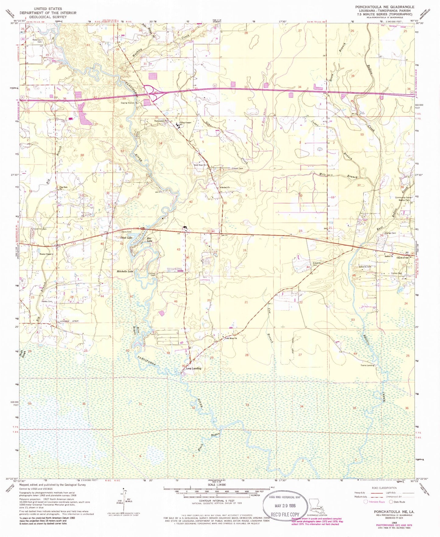 Classic USGS Ponchatoula NE Louisiana 7.5'x7.5' Topo Map Image
