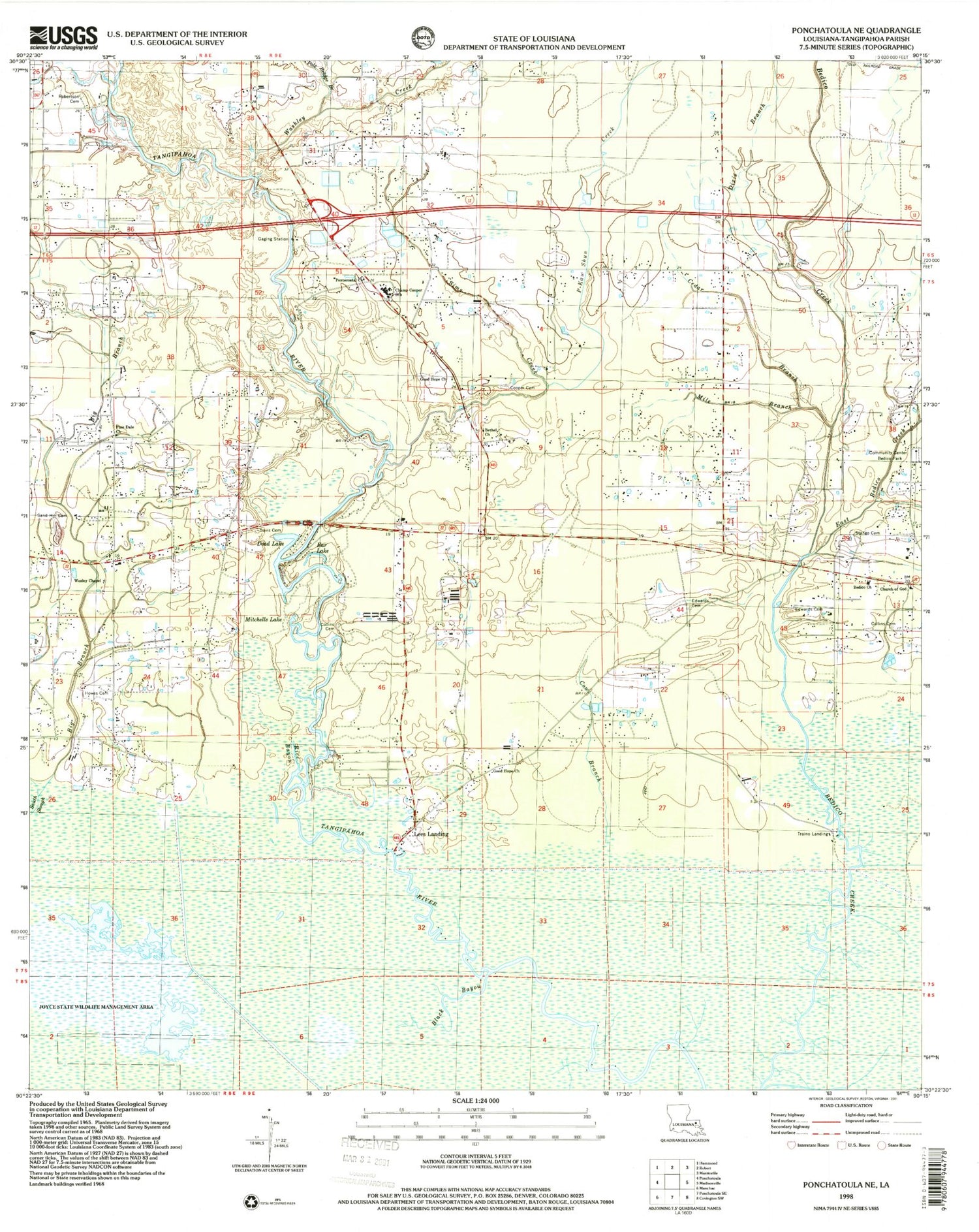 Classic USGS Ponchatoula NE Louisiana 7.5'x7.5' Topo Map Image