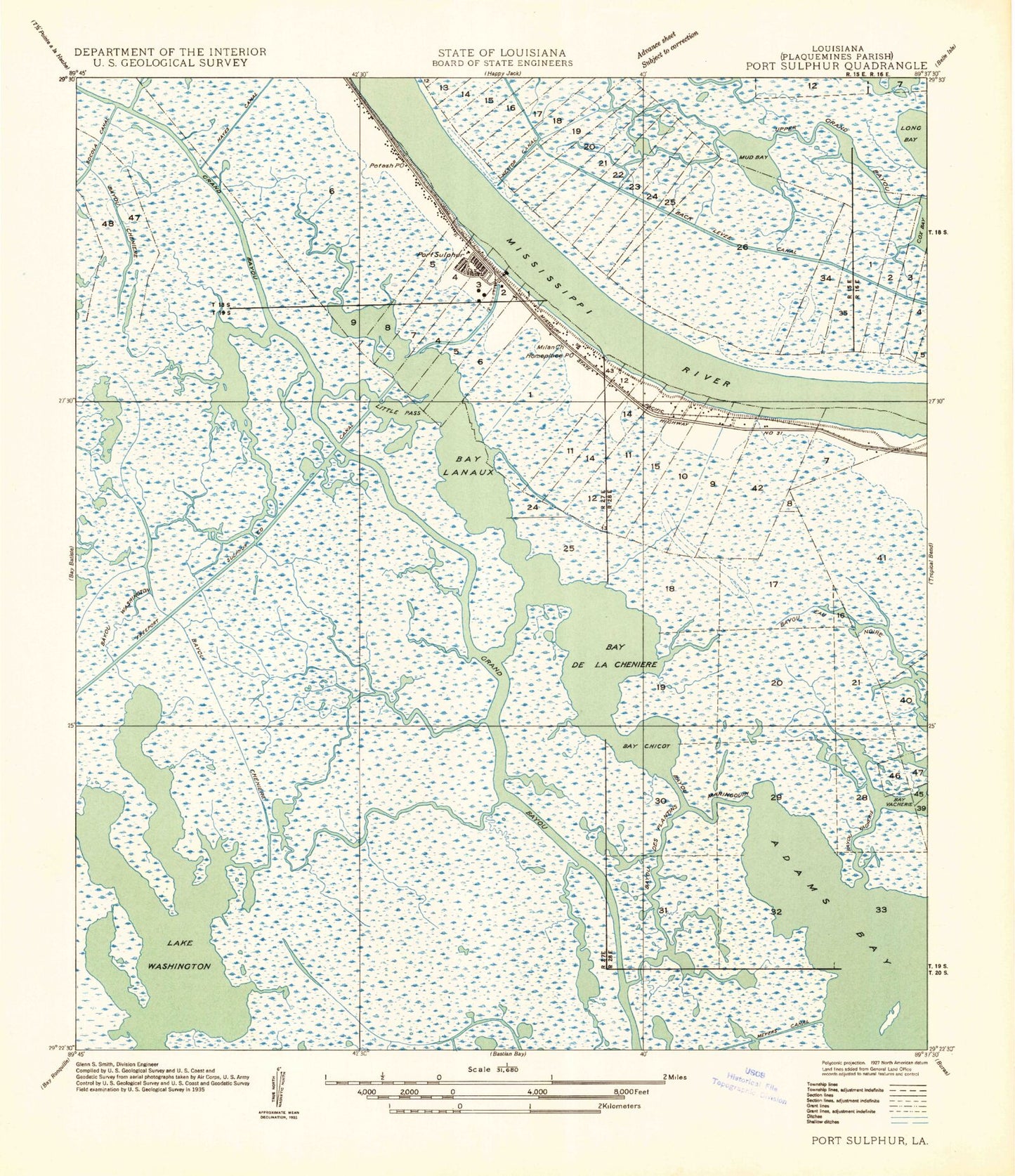 Classic USGS Port Sulphur Louisiana 7.5'x7.5' Topo Map Image