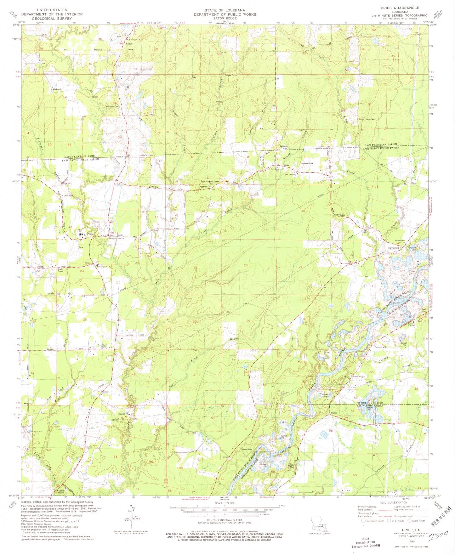 Classic USGS Pride Louisiana 7.5'x7.5' Topo Map Image