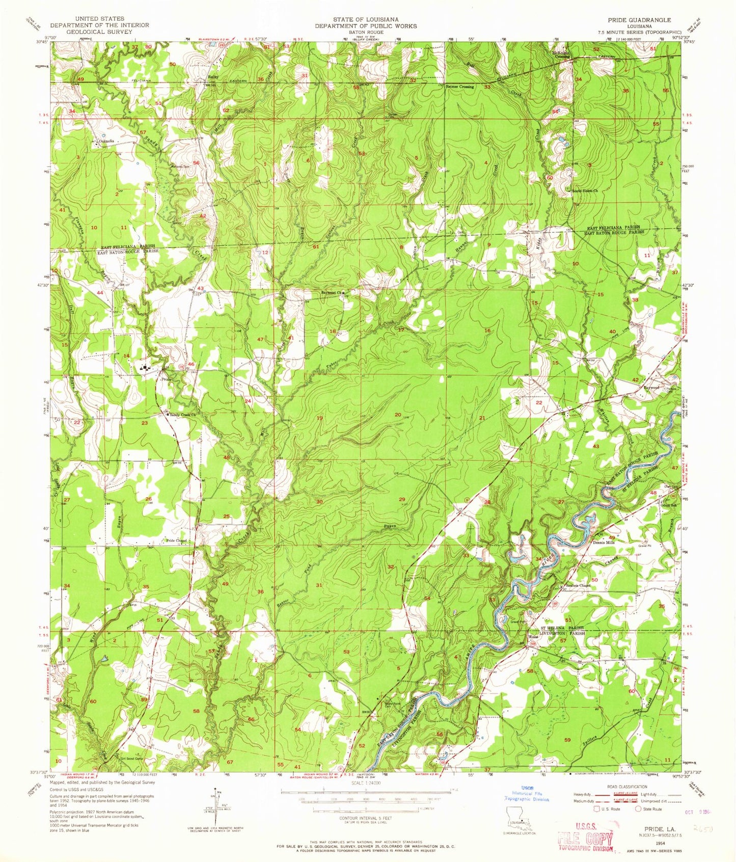 Classic USGS Pride Louisiana 7.5'x7.5' Topo Map Image