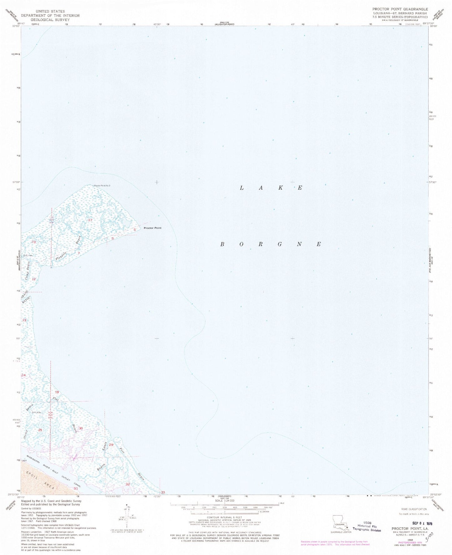 Classic USGS Proctor Point Louisiana 7.5'x7.5' Topo Map Image