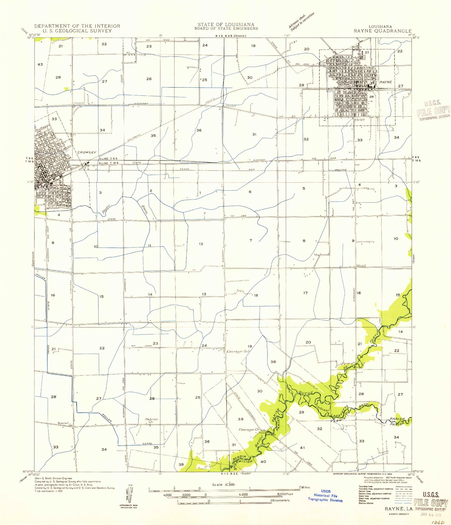 Classic USGS Crowley East Louisiana 7.5'x7.5' Topo Map Image