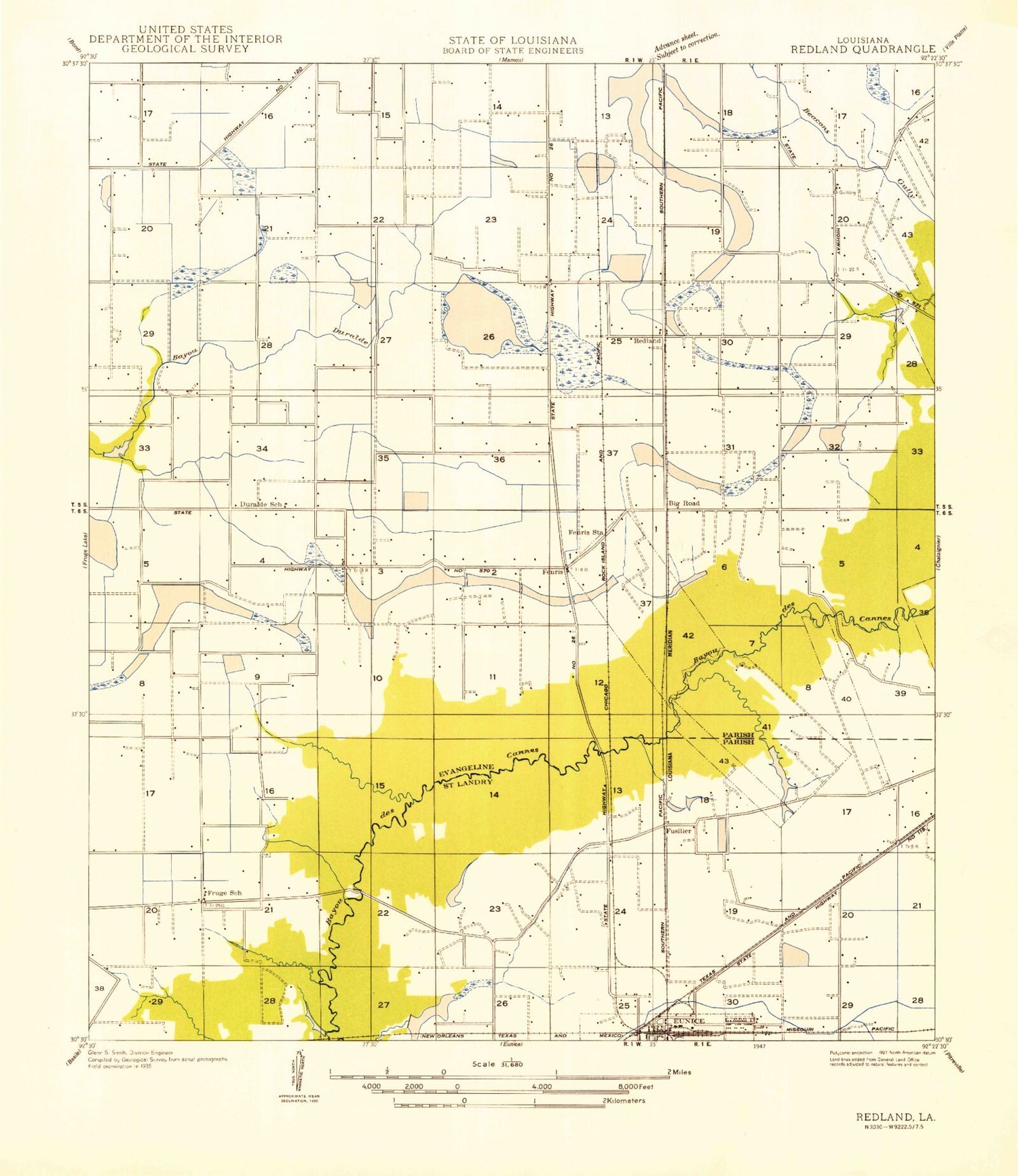Classic USGS Eunice North Louisiana 7.5'x7.5' Topo Map Image