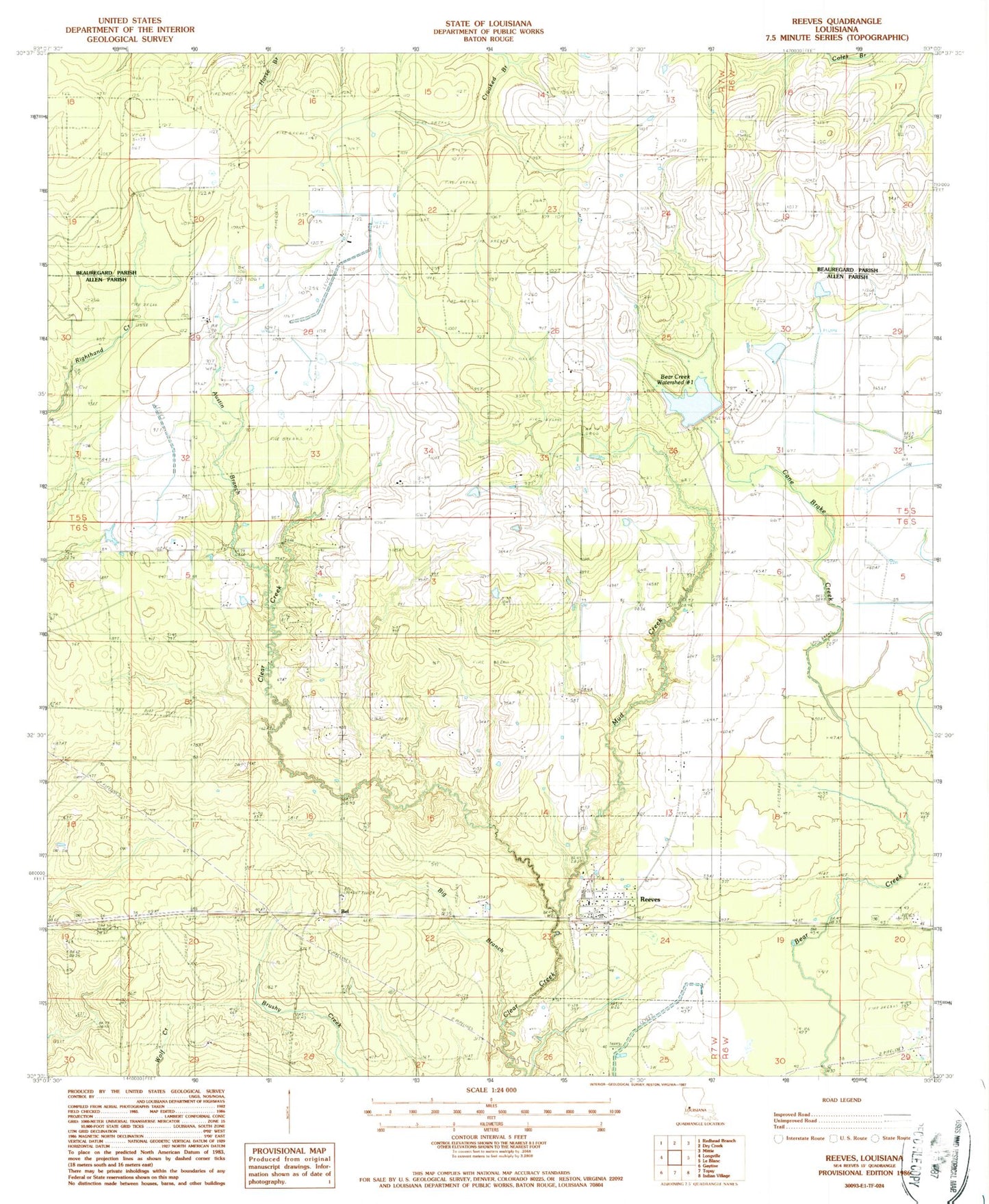 Classic USGS Reeves Louisiana 7.5'x7.5' Topo Map Image