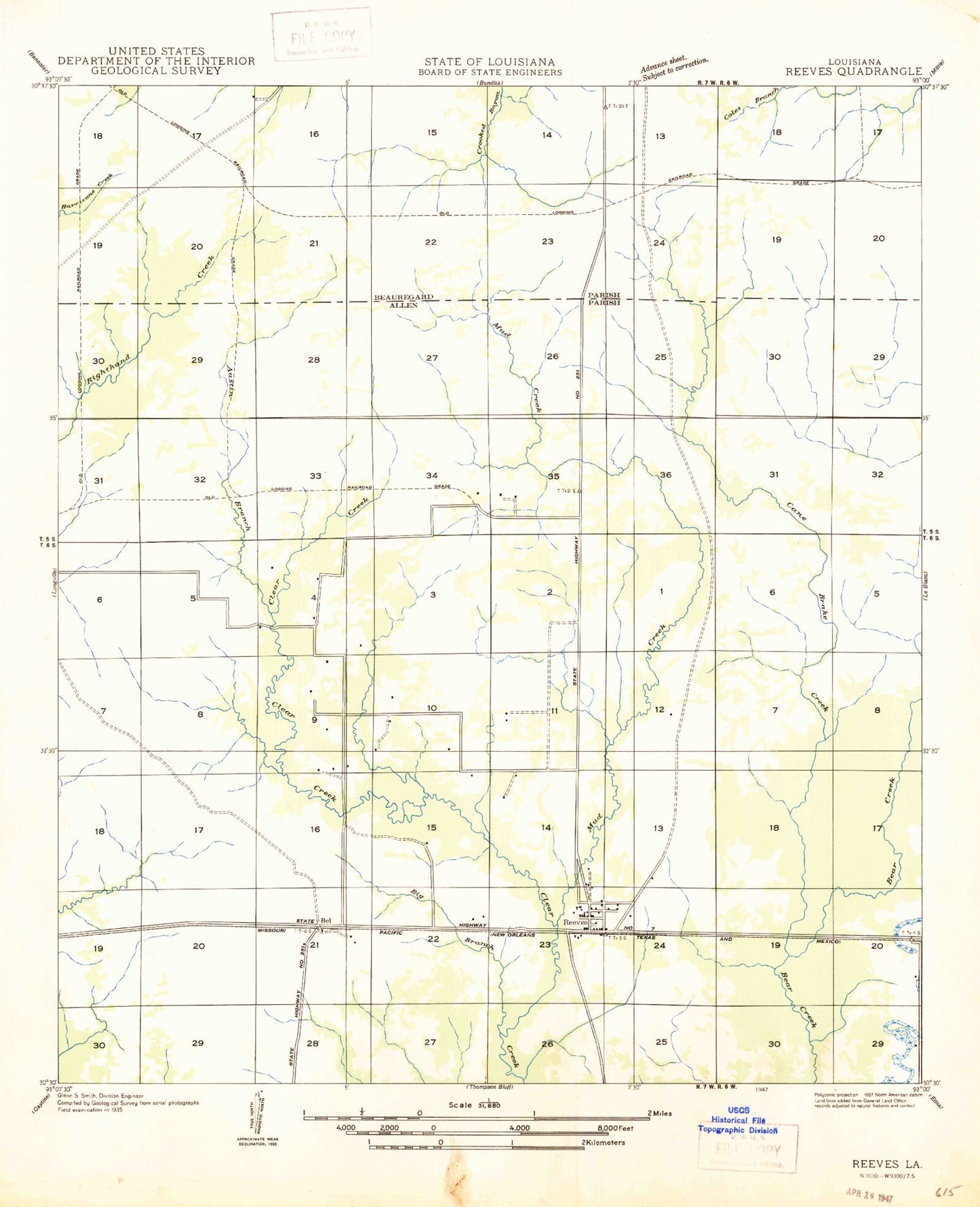 Classic USGS Reeves Louisiana 7.5'x7.5' Topo Map Image
