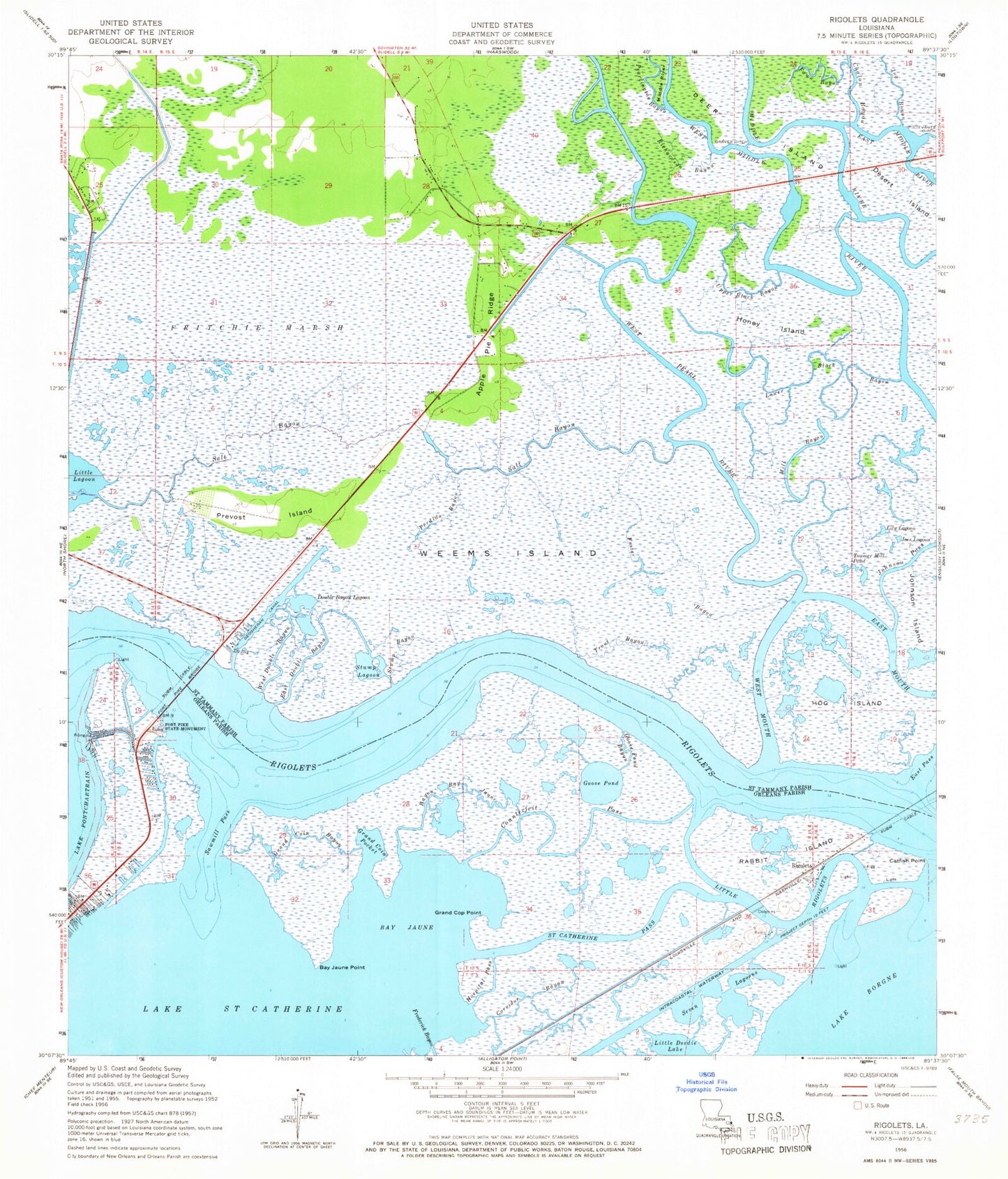 Classic USGS Rigolets Louisiana 7.5'x7.5' Topo Map Image