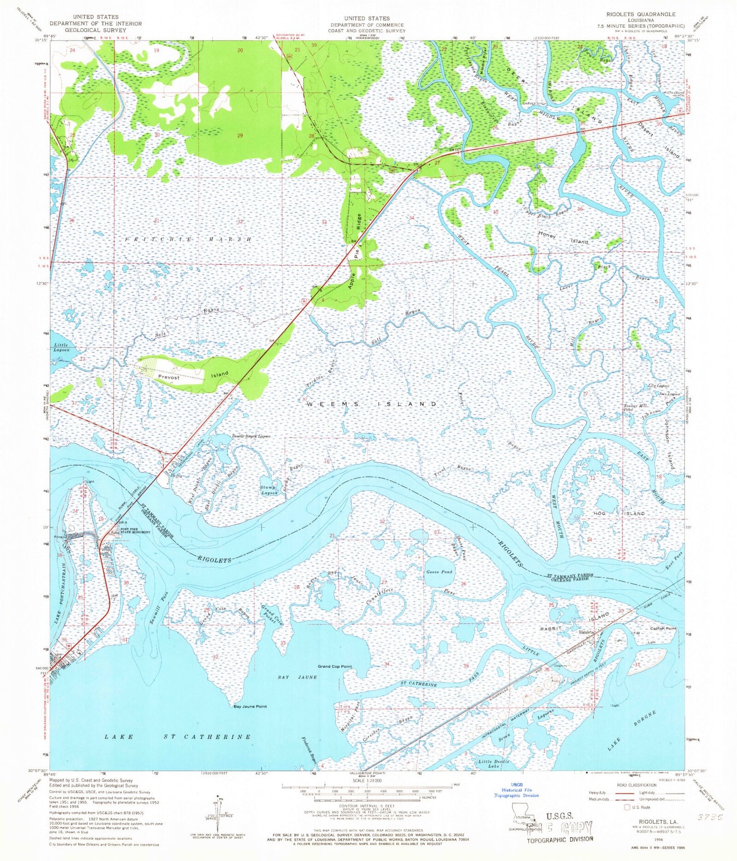 Classic USGS Rigolets Louisiana 7.5'x7.5' Topo Map Image