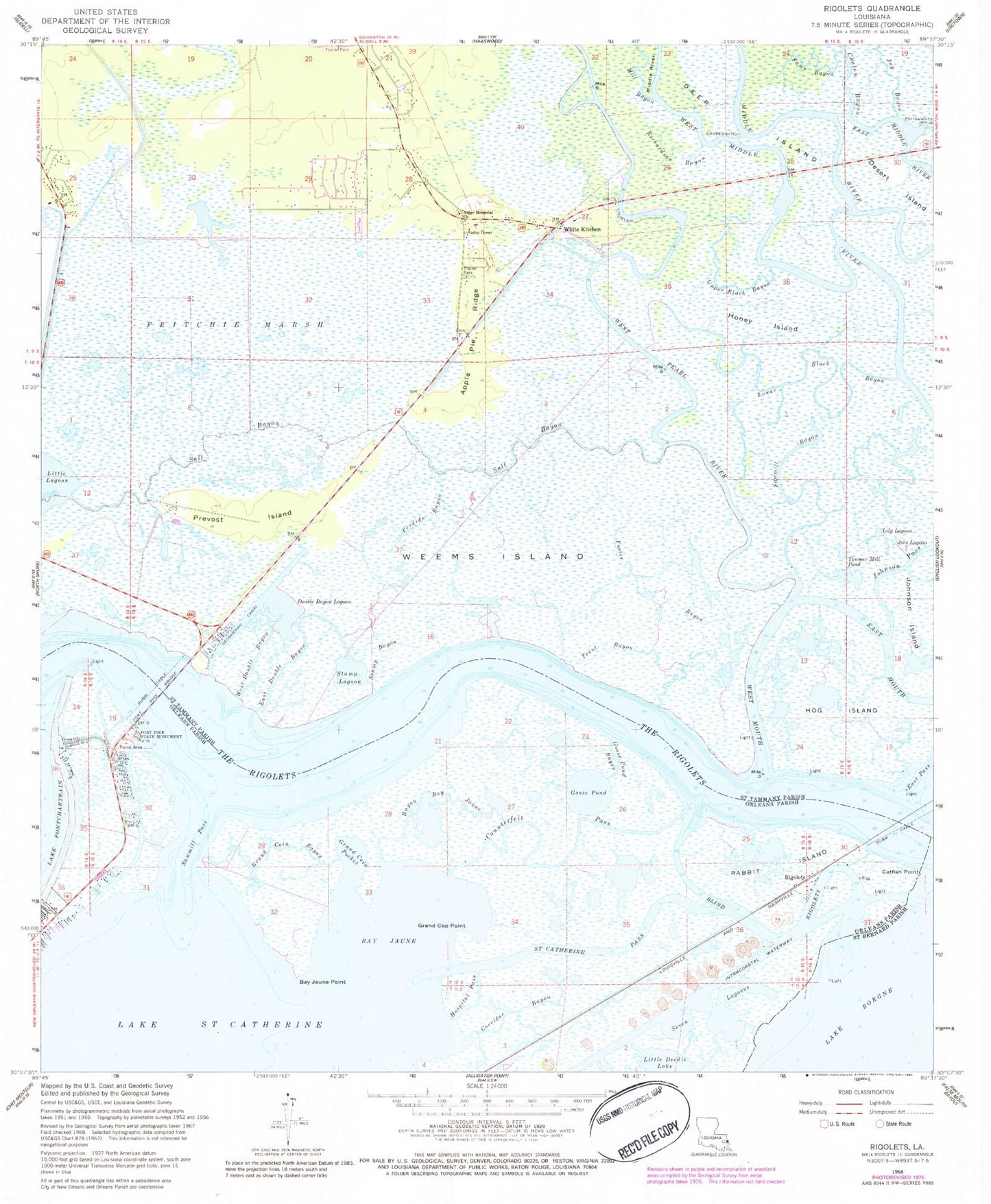 Classic USGS Rigolets Louisiana 7.5'x7.5' Topo Map Image