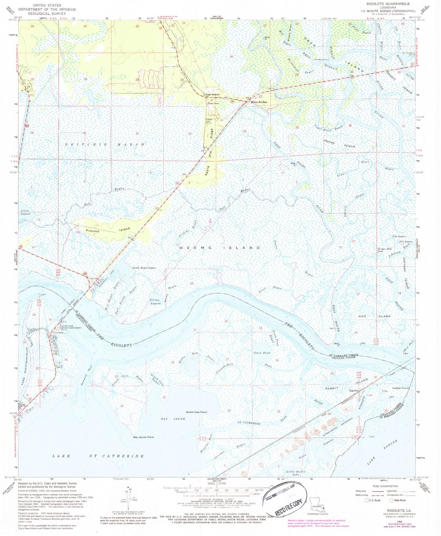 Classic USGS Rigolets Louisiana 7.5'x7.5' Topo Map Image