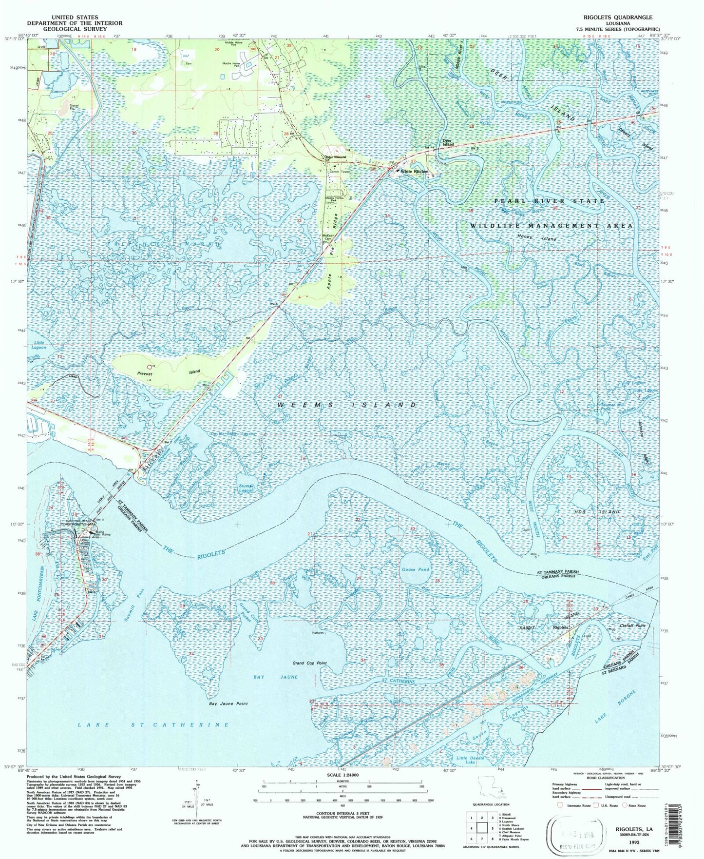 Classic USGS Rigolets Louisiana 7.5'x7.5' Topo Map Image