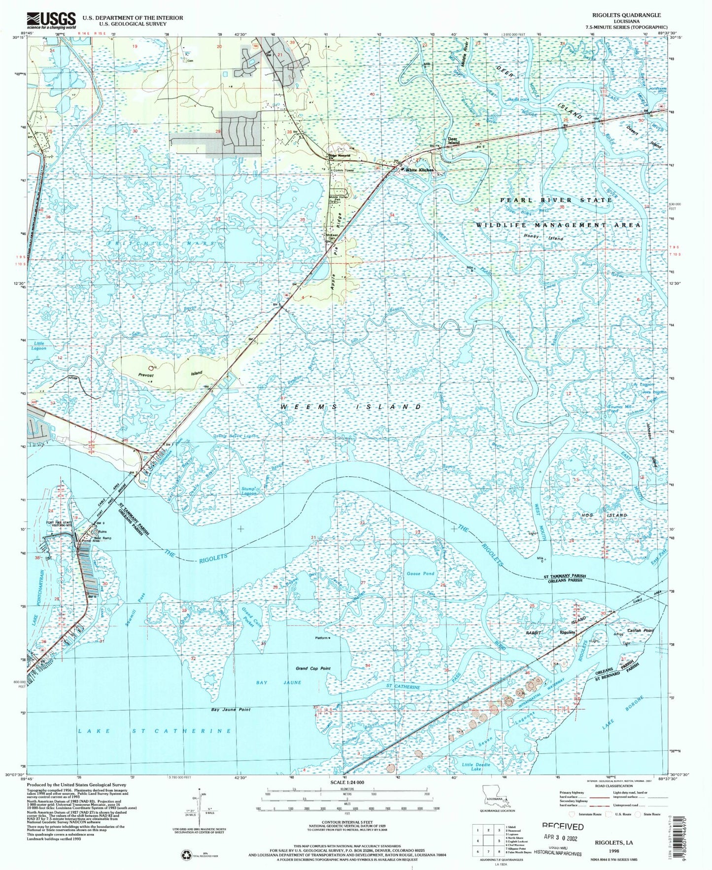 Classic USGS Rigolets Louisiana 7.5'x7.5' Topo Map Image