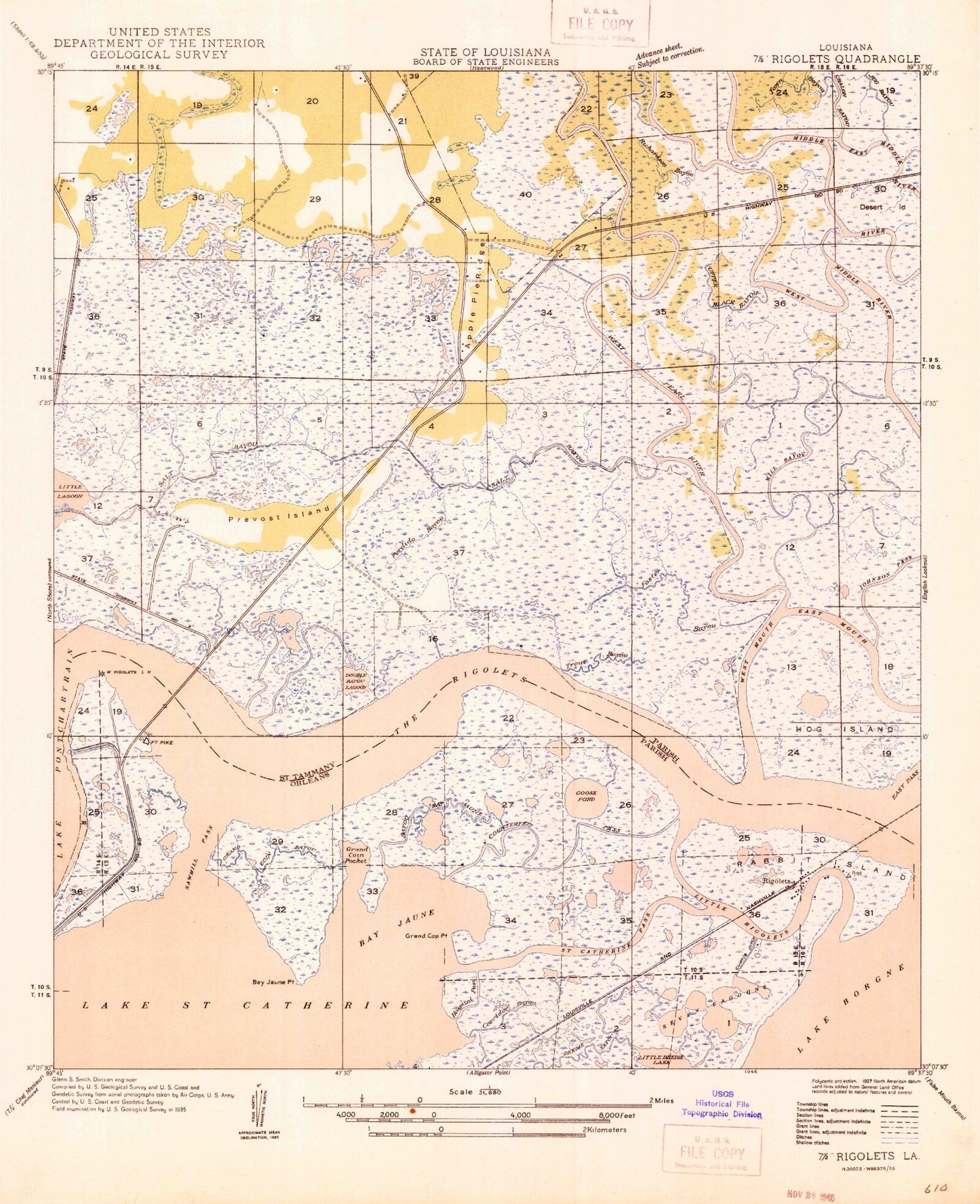 Classic USGS Rigolets Louisiana 7.5'x7.5' Topo Map Image