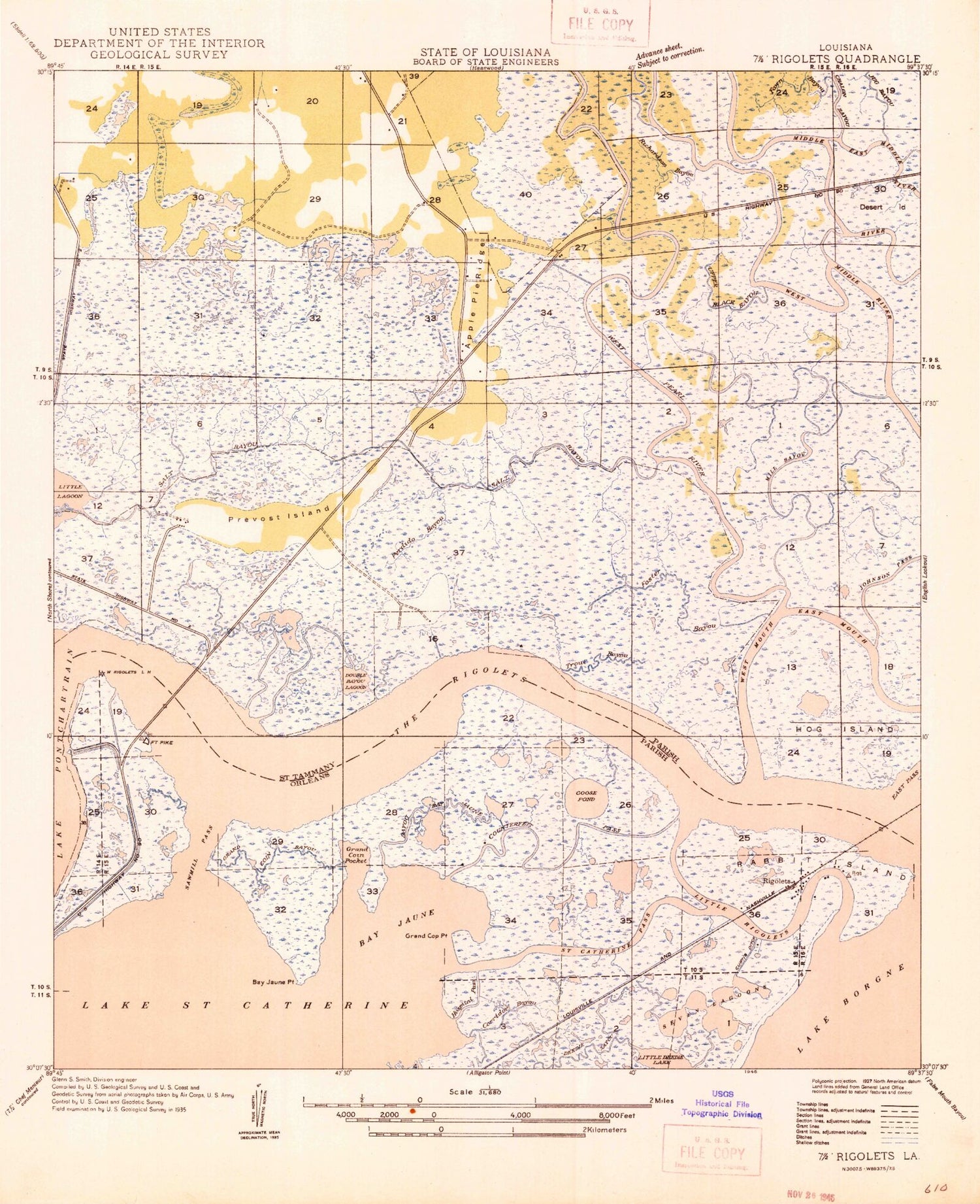 Classic USGS Rigolets Louisiana 7.5'x7.5' Topo Map Image
