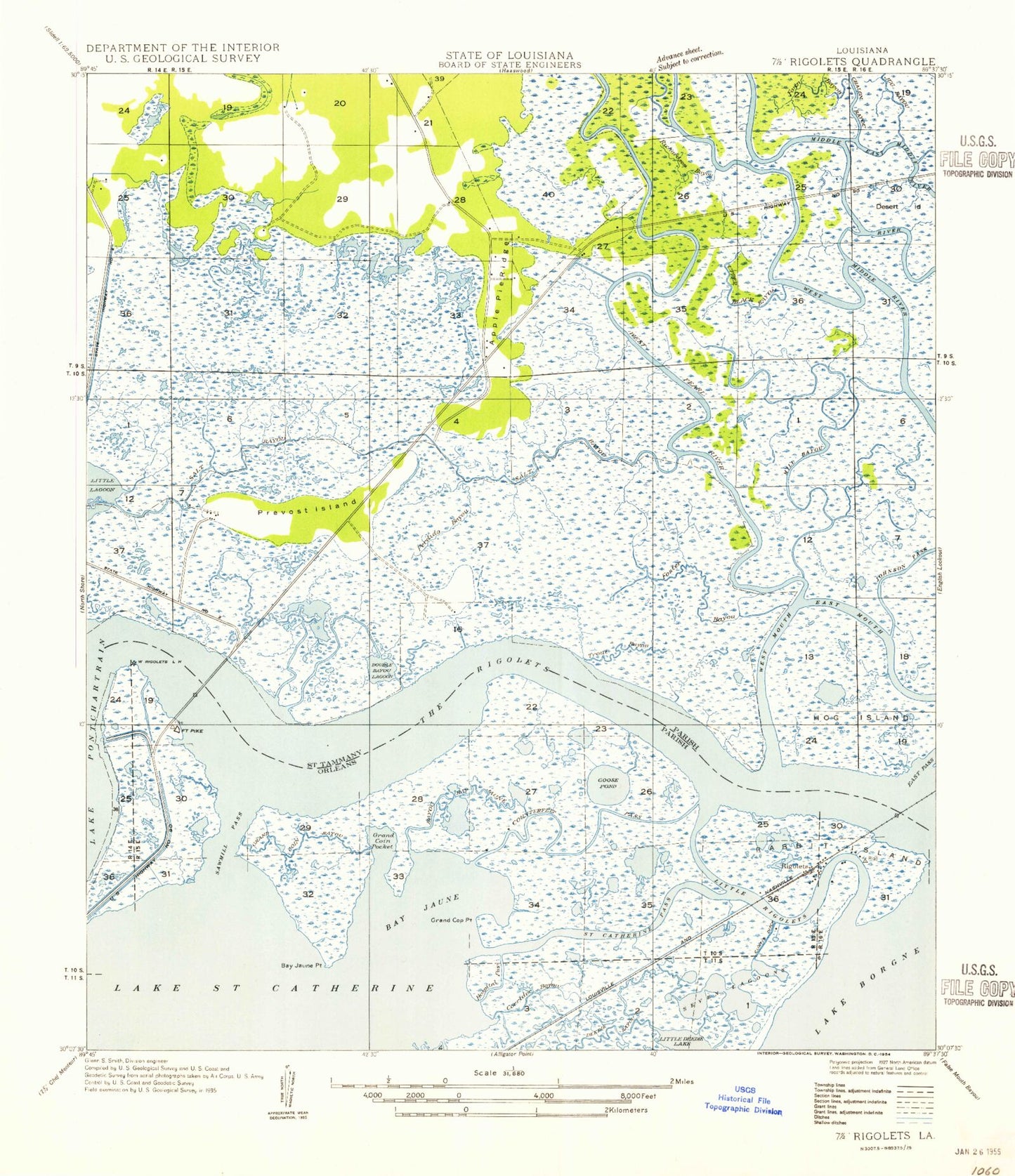 Classic USGS Rigolets Louisiana 7.5'x7.5' Topo Map Image