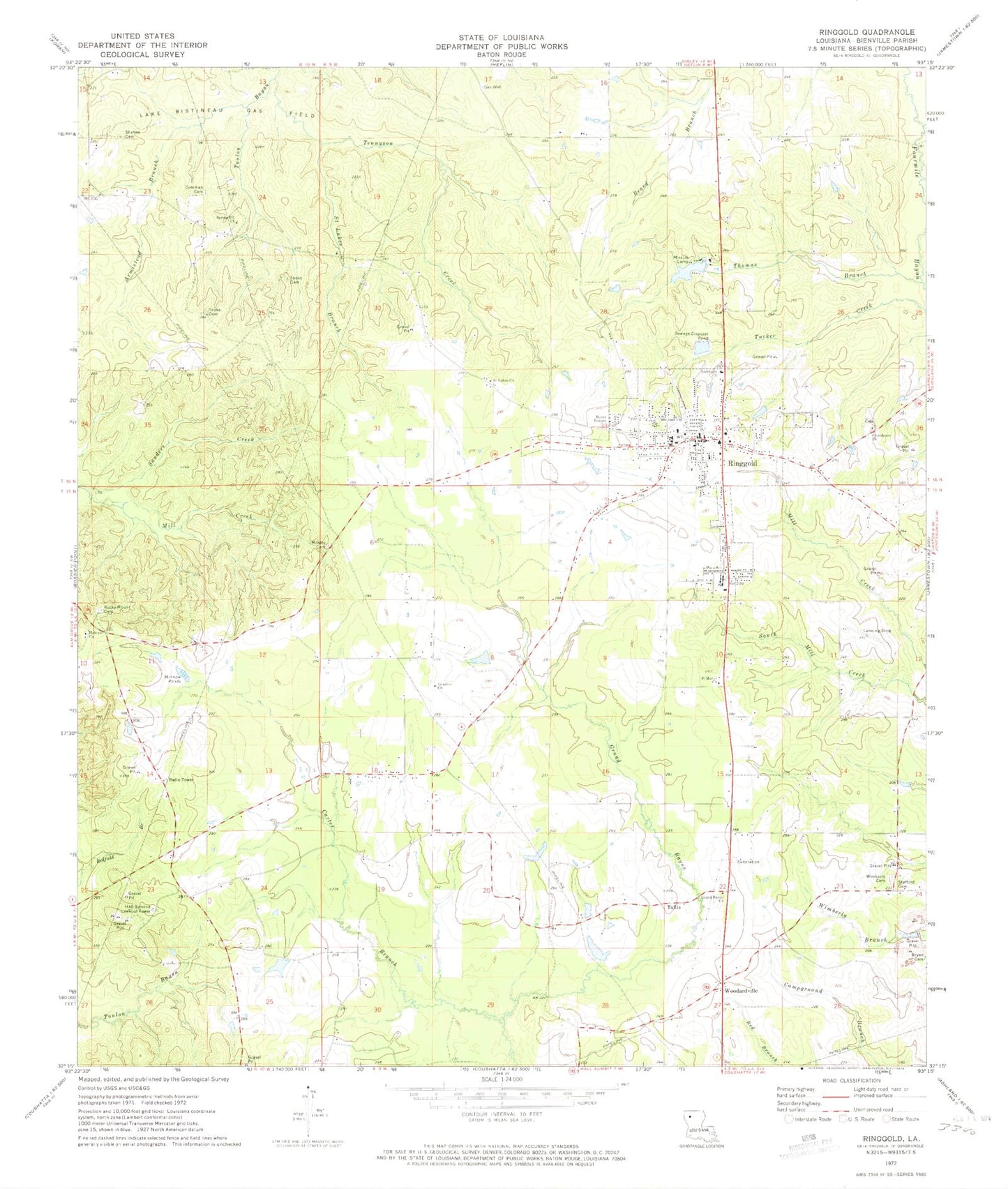 Classic USGS Ringgold Louisiana 7.5'x7.5' Topo Map Image