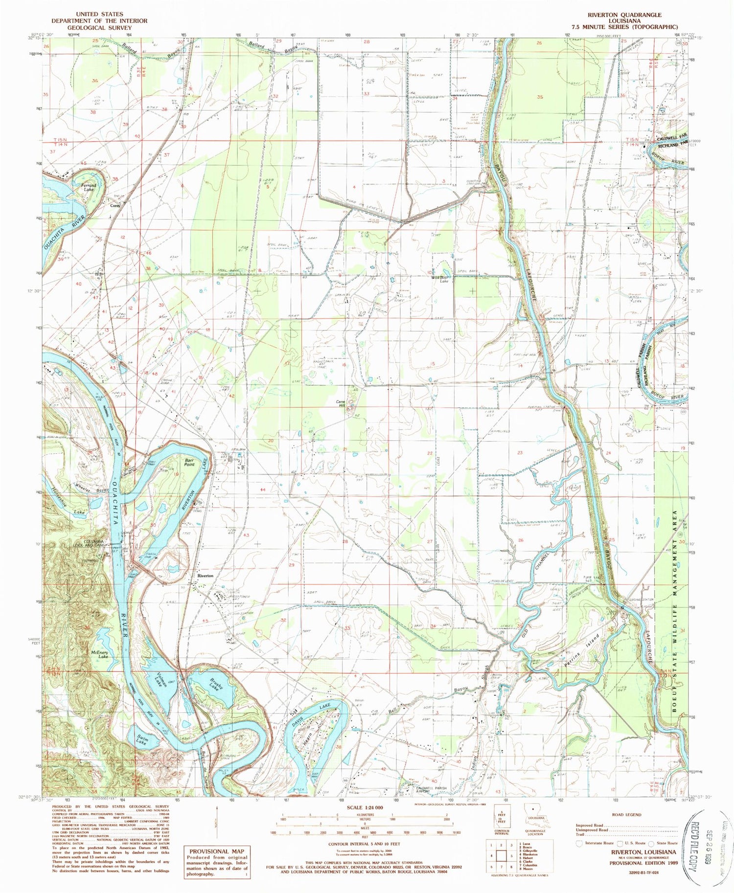Classic USGS Riverton Louisiana 7.5'x7.5' Topo Map Image