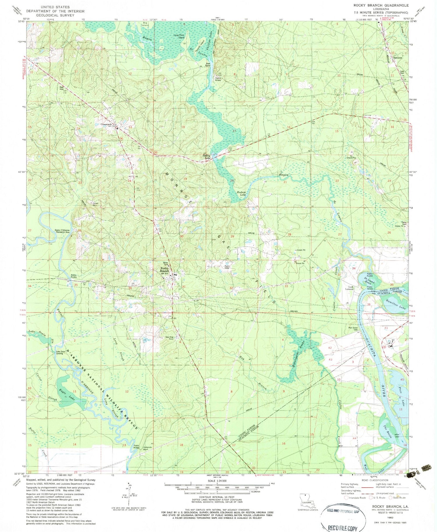 Classic USGS Rocky Branch Louisiana 7.5'x7.5' Topo Map Image