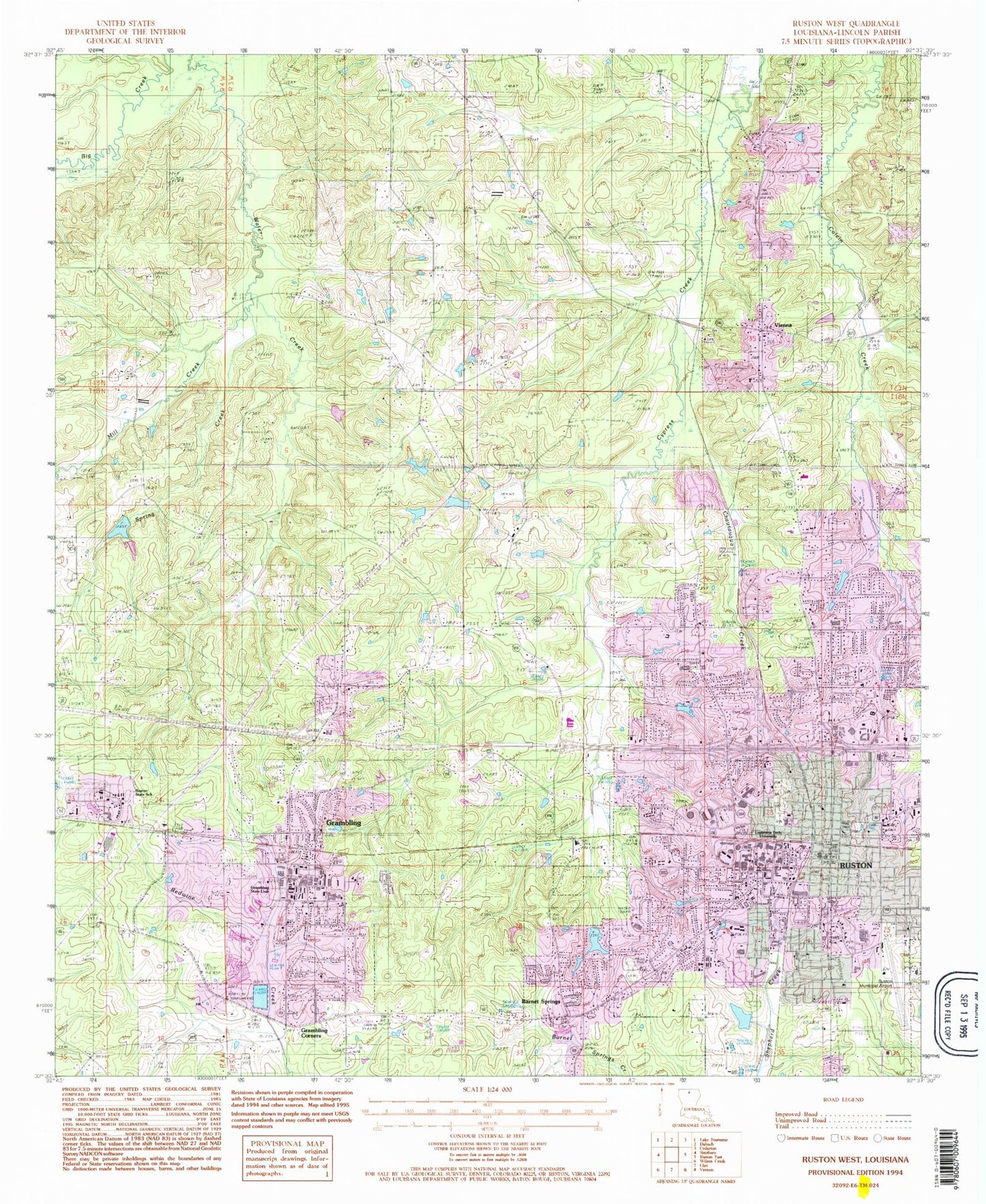 Classic USGS Ruston West Louisiana 7.5'x7.5' Topo Map Image