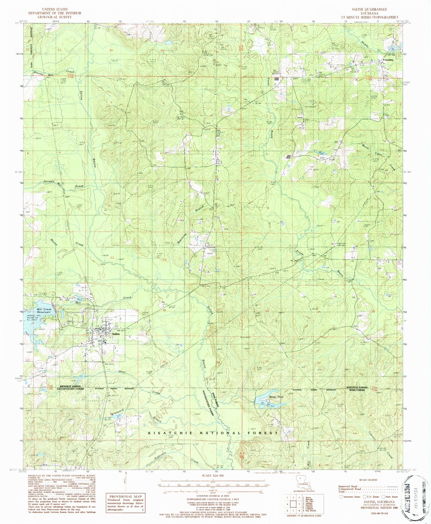 Classic USGS Saline Louisiana 7.5'x7.5' Topo Map Image