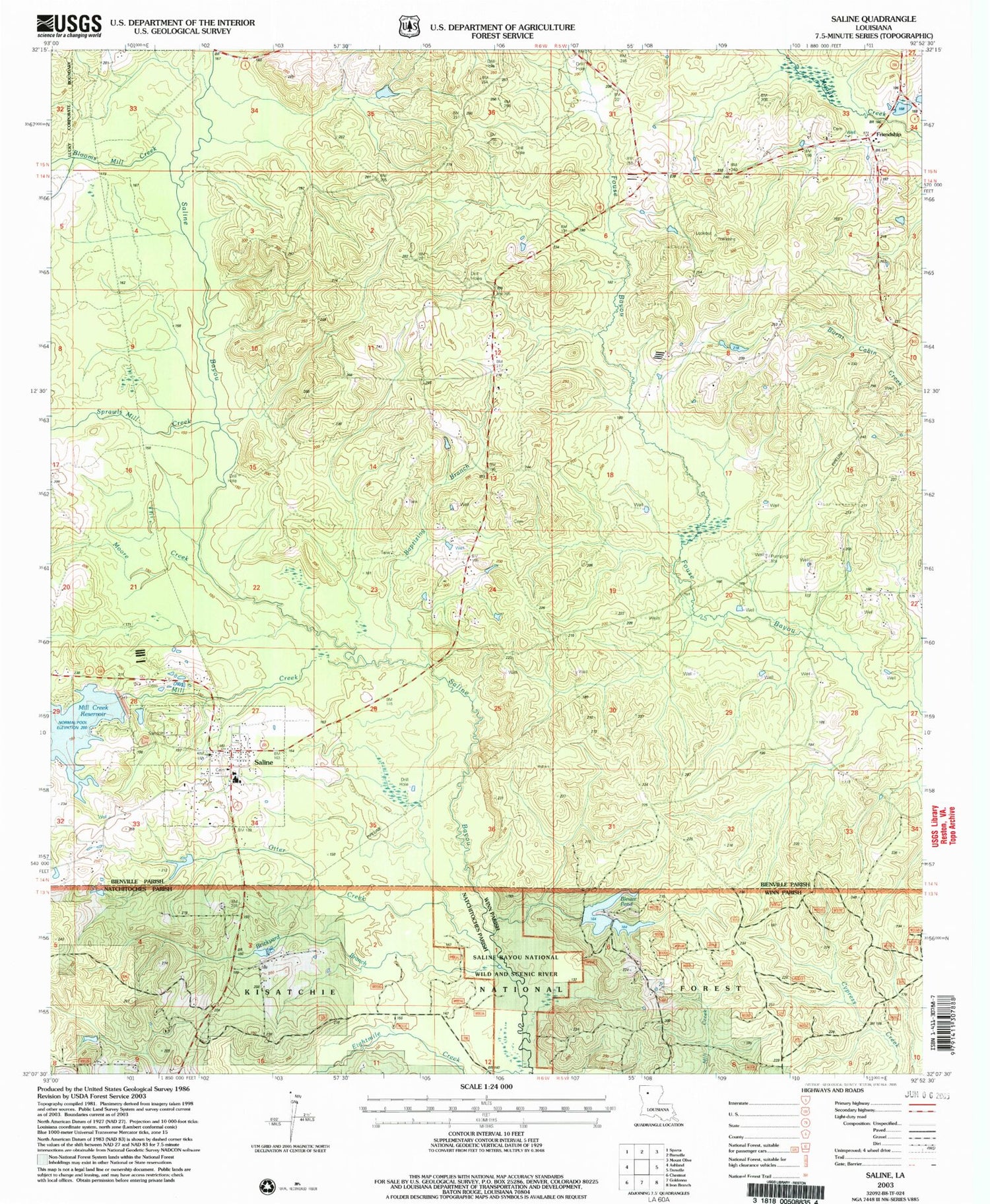 Classic USGS Saline Louisiana 7.5'x7.5' Topo Map Image