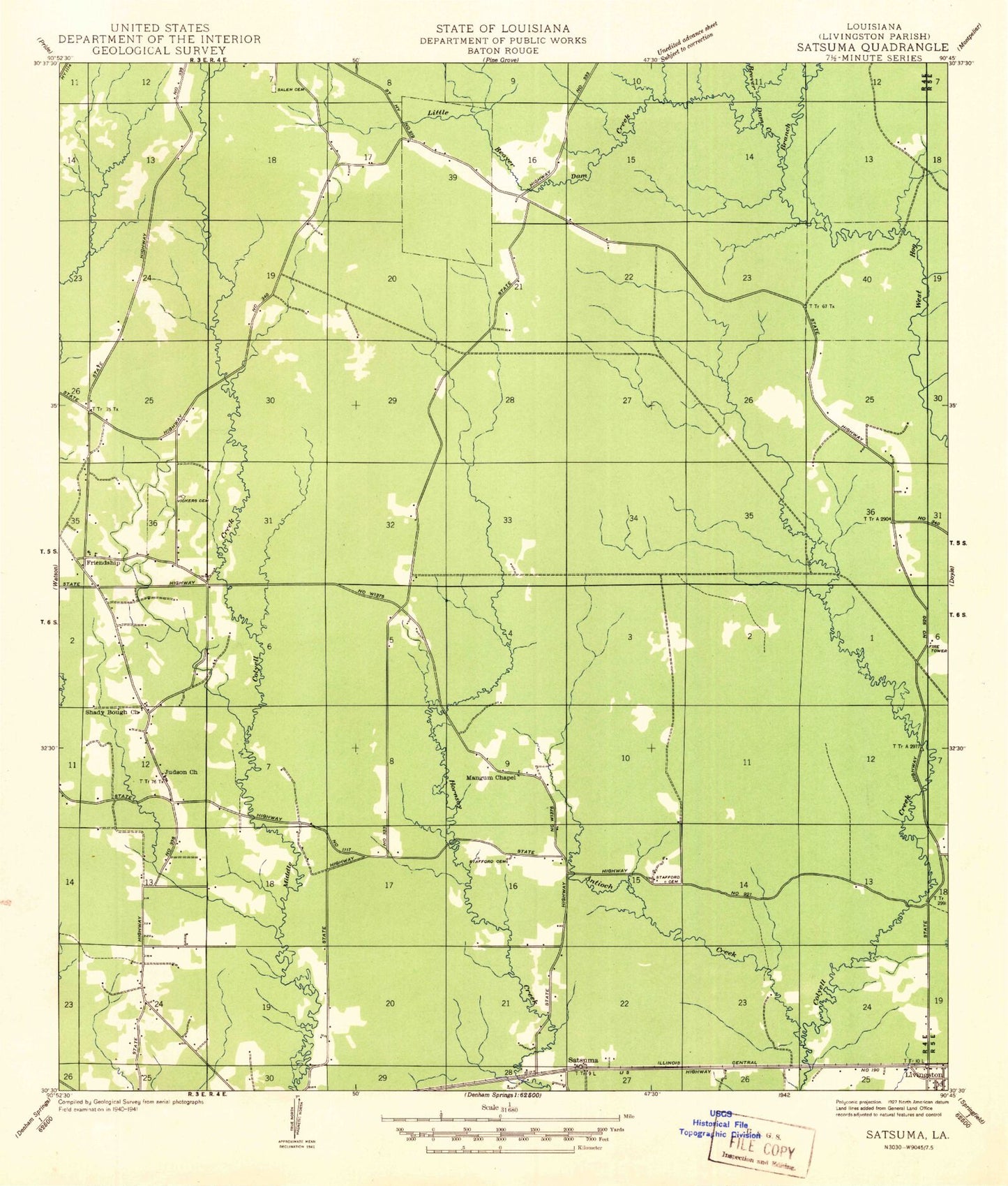 Classic USGS Satsuma Louisiana 7.5'x7.5' Topo Map Image