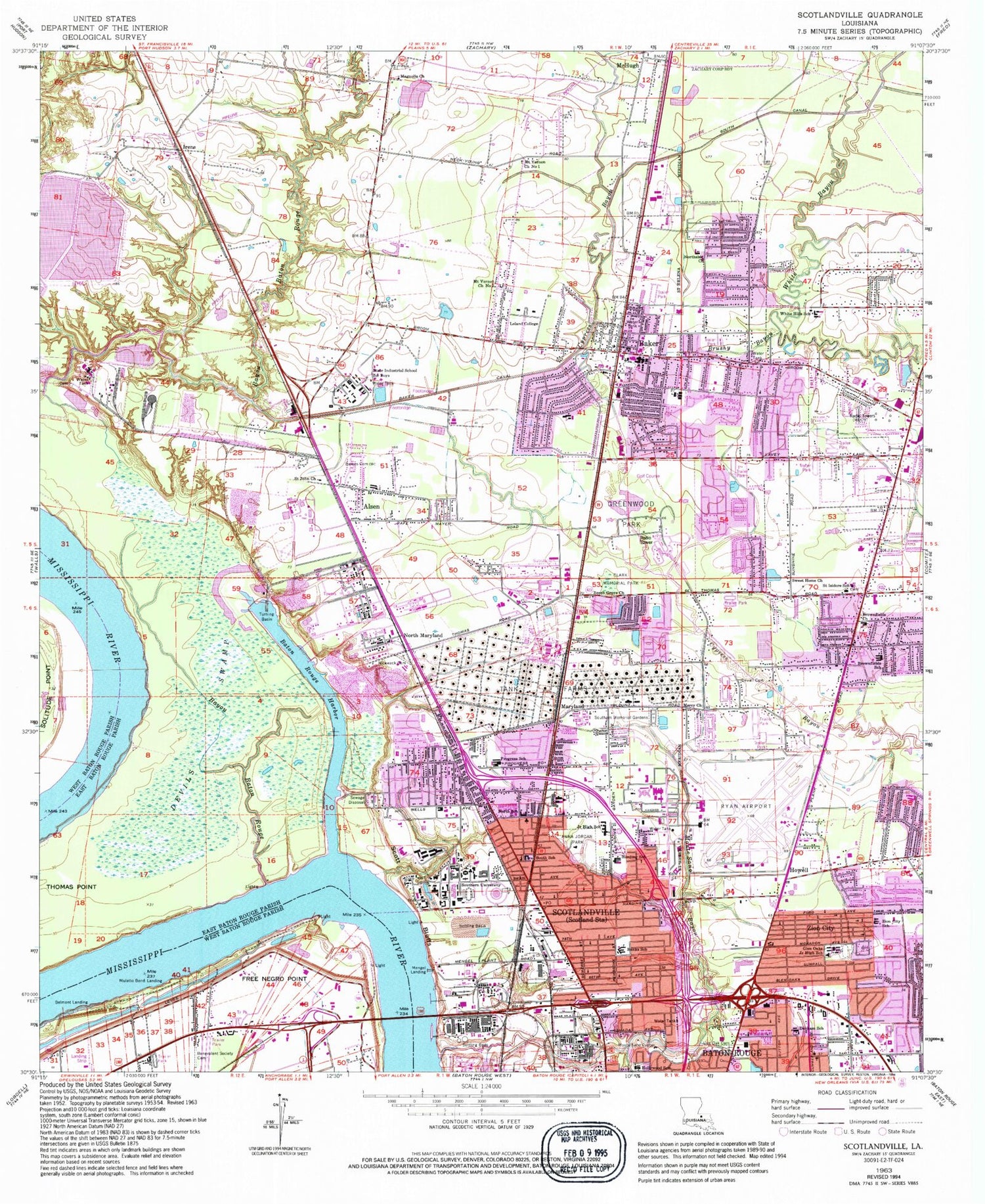 Classic USGS Scotlandville Louisiana 7.5'x7.5' Topo Map Image