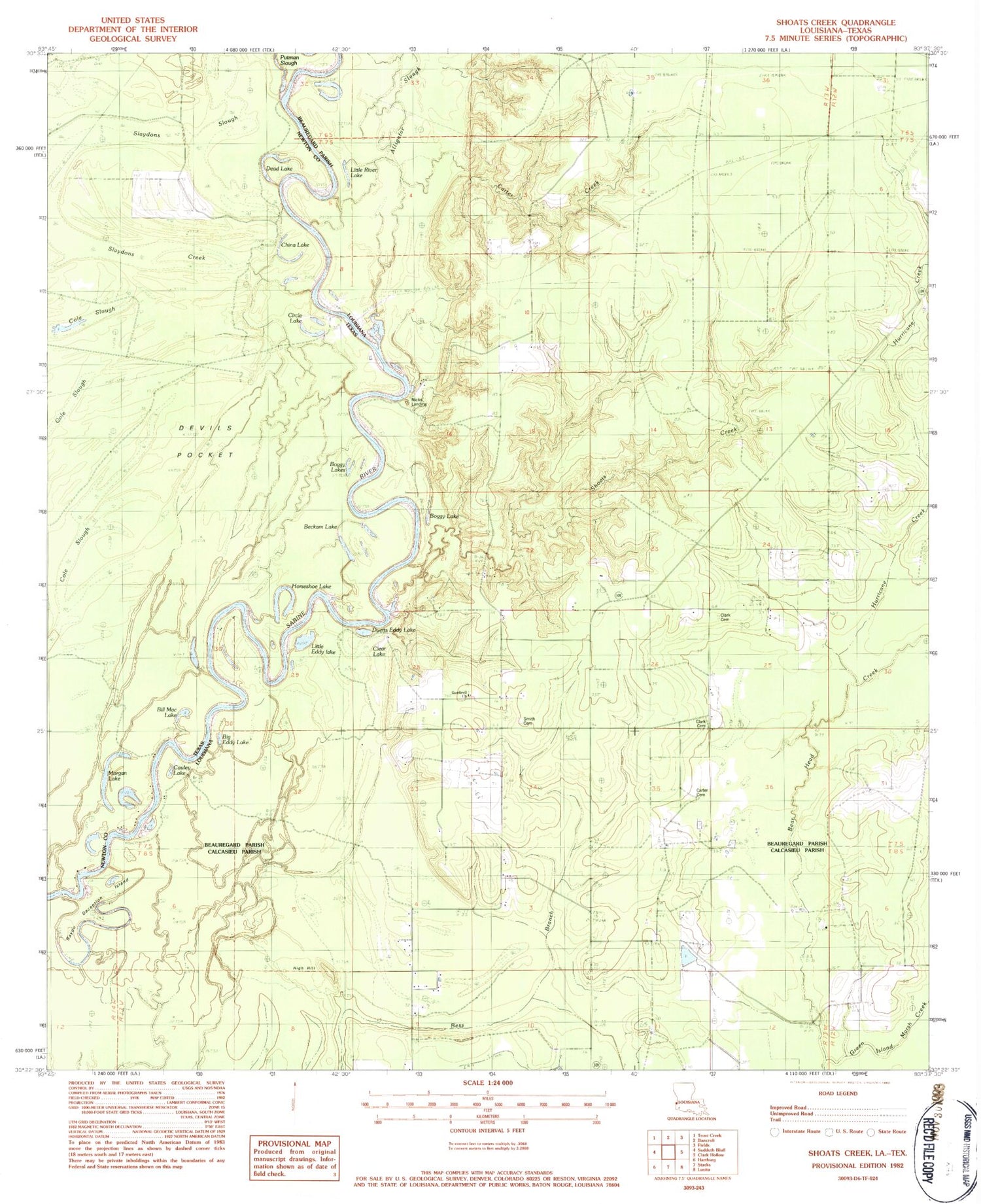 Classic USGS Shoats Creek Louisiana 7.5'x7.5' Topo Map Image