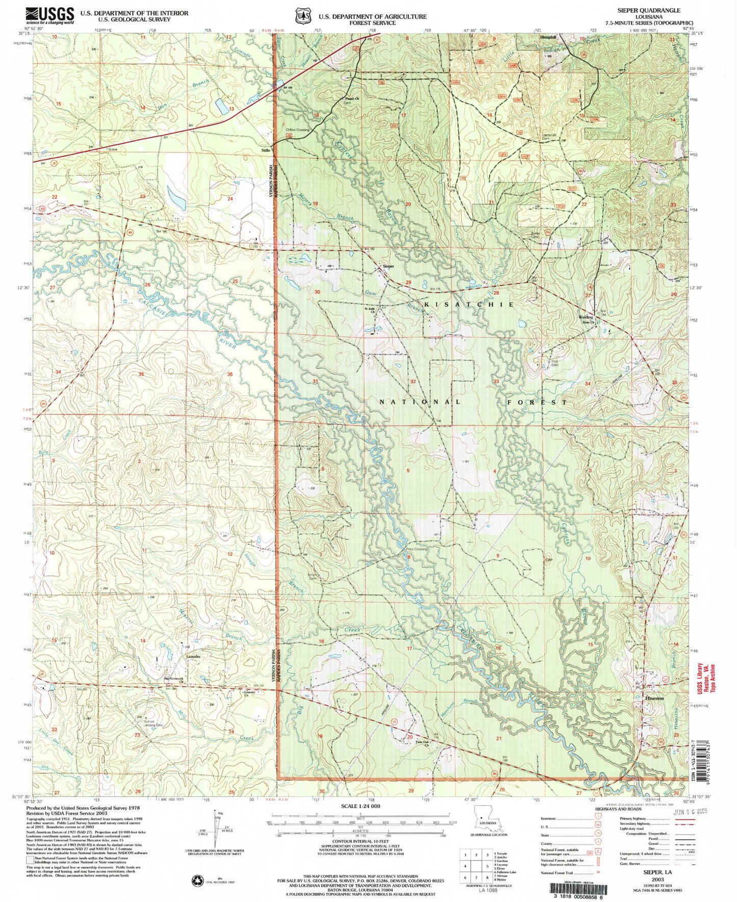 Classic USGS Sieper Louisiana 7.5'x7.5' Topo Map Image