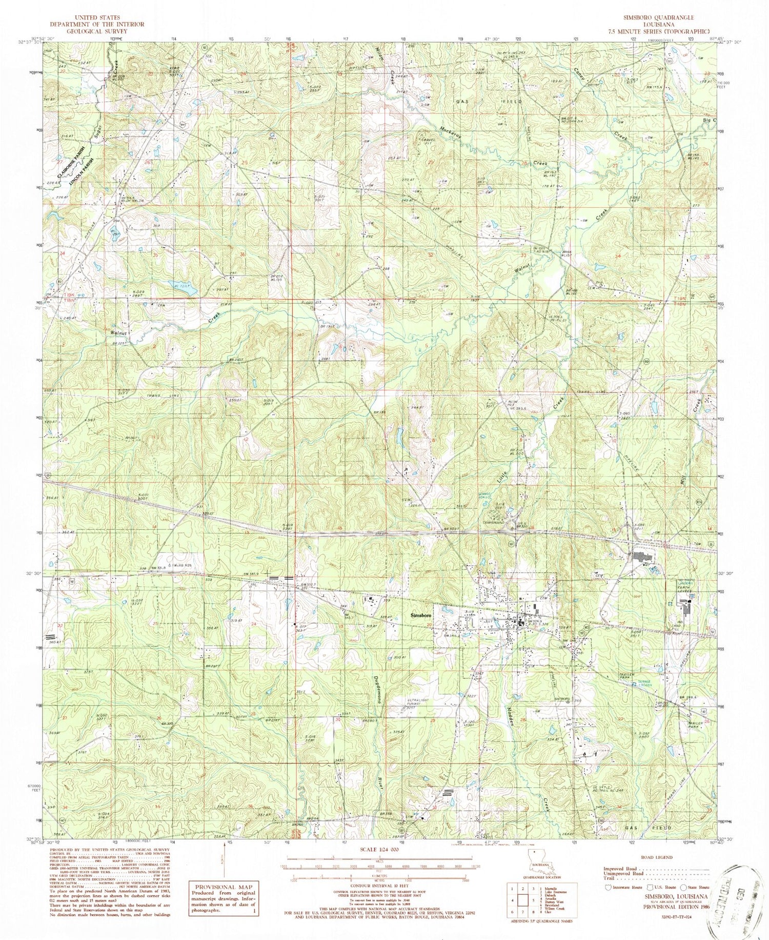 Classic USGS Simsboro Louisiana 7.5'x7.5' Topo Map Image