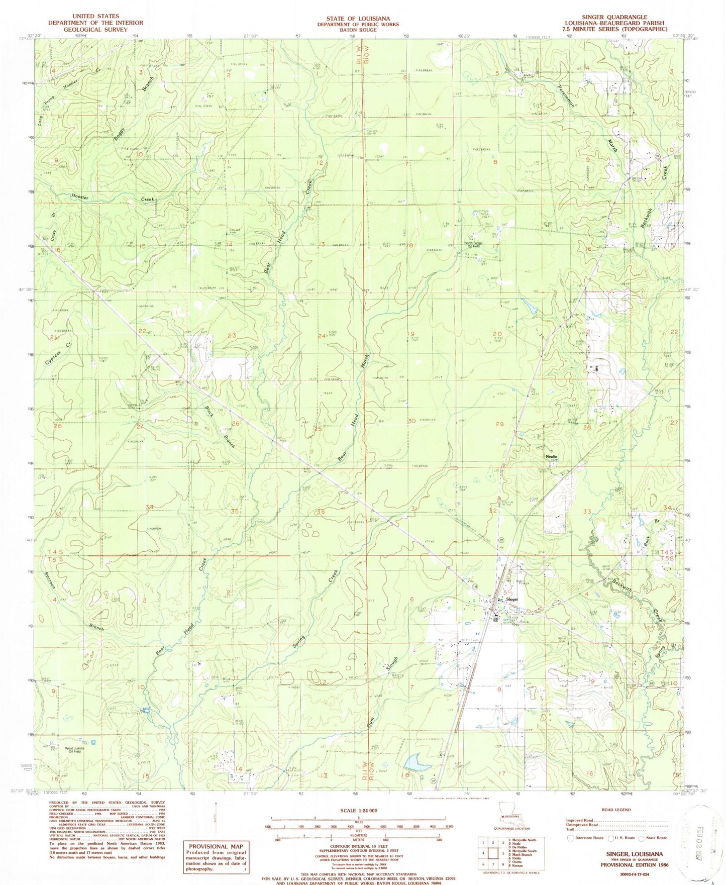 Classic USGS Singer Louisiana 7.5'x7.5' Topo Map Image