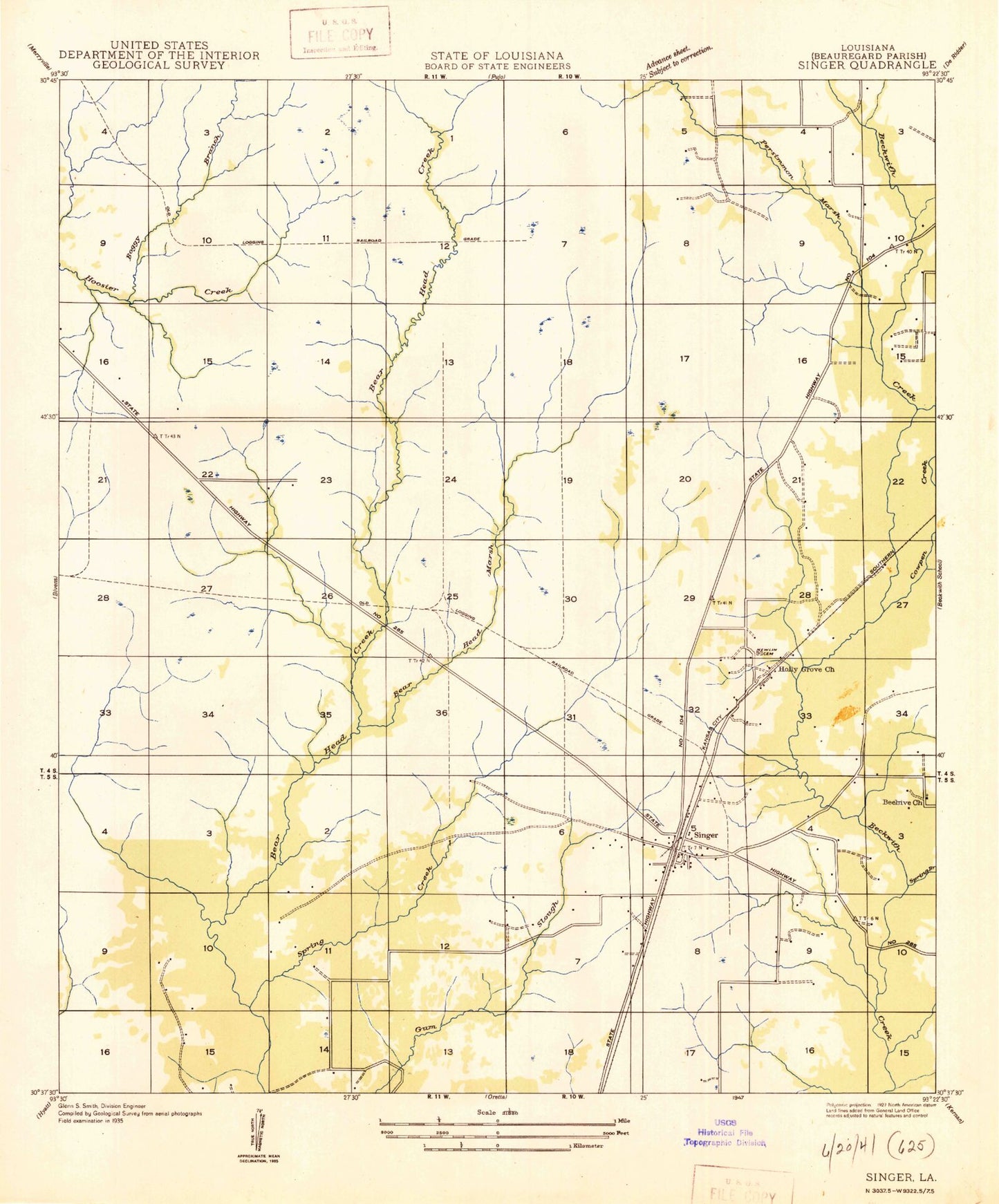 Classic USGS Singer Louisiana 7.5'x7.5' Topo Map Image