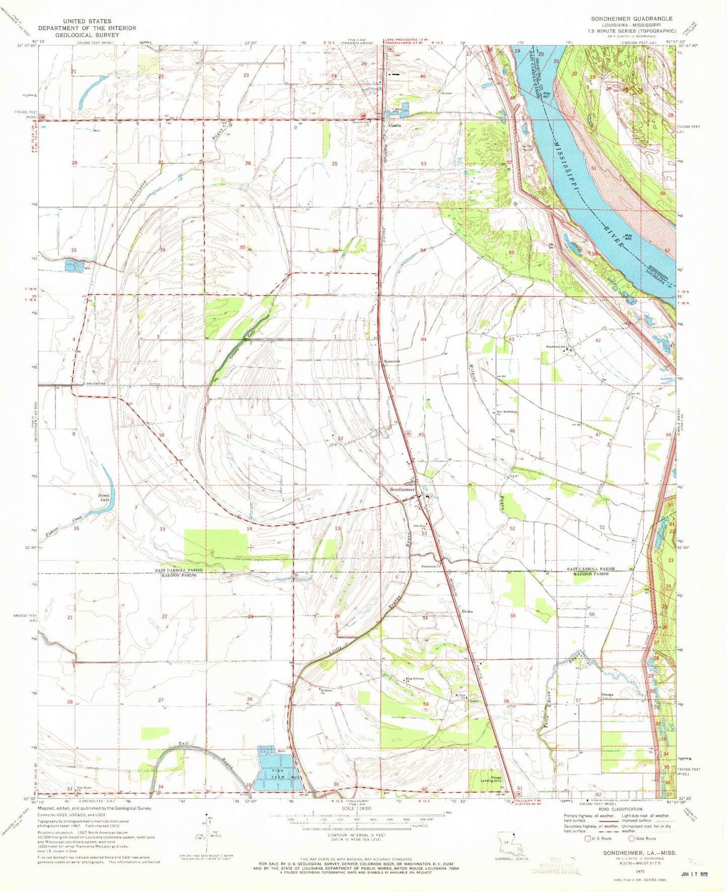 Classic USGS Sondheimer Louisiana 7.5'x7.5' Topo Map Image