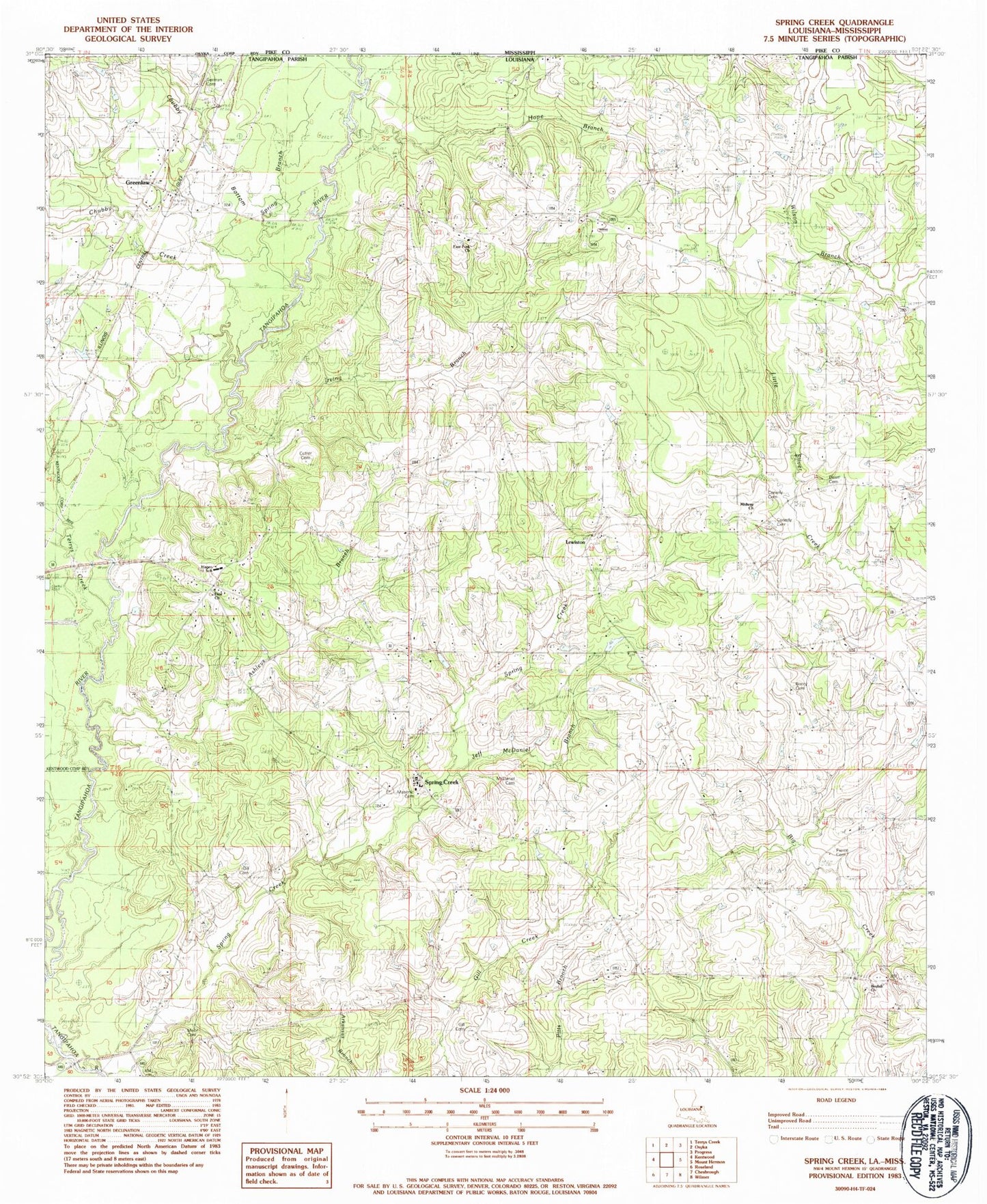 Classic USGS Spring Creek Louisiana 7.5'x7.5' Topo Map Image