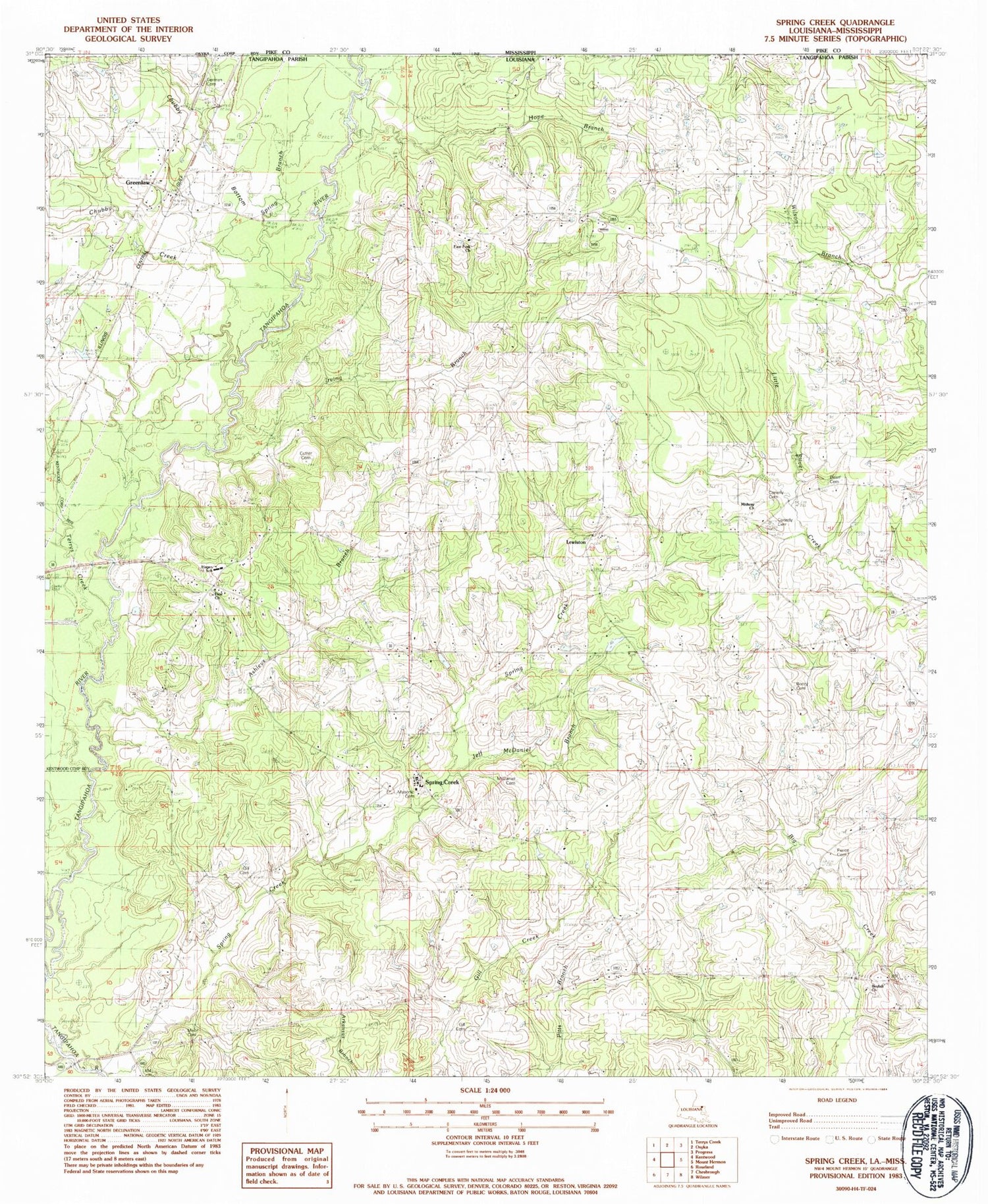 Classic USGS Spring Creek Louisiana 7.5'x7.5' Topo Map Image